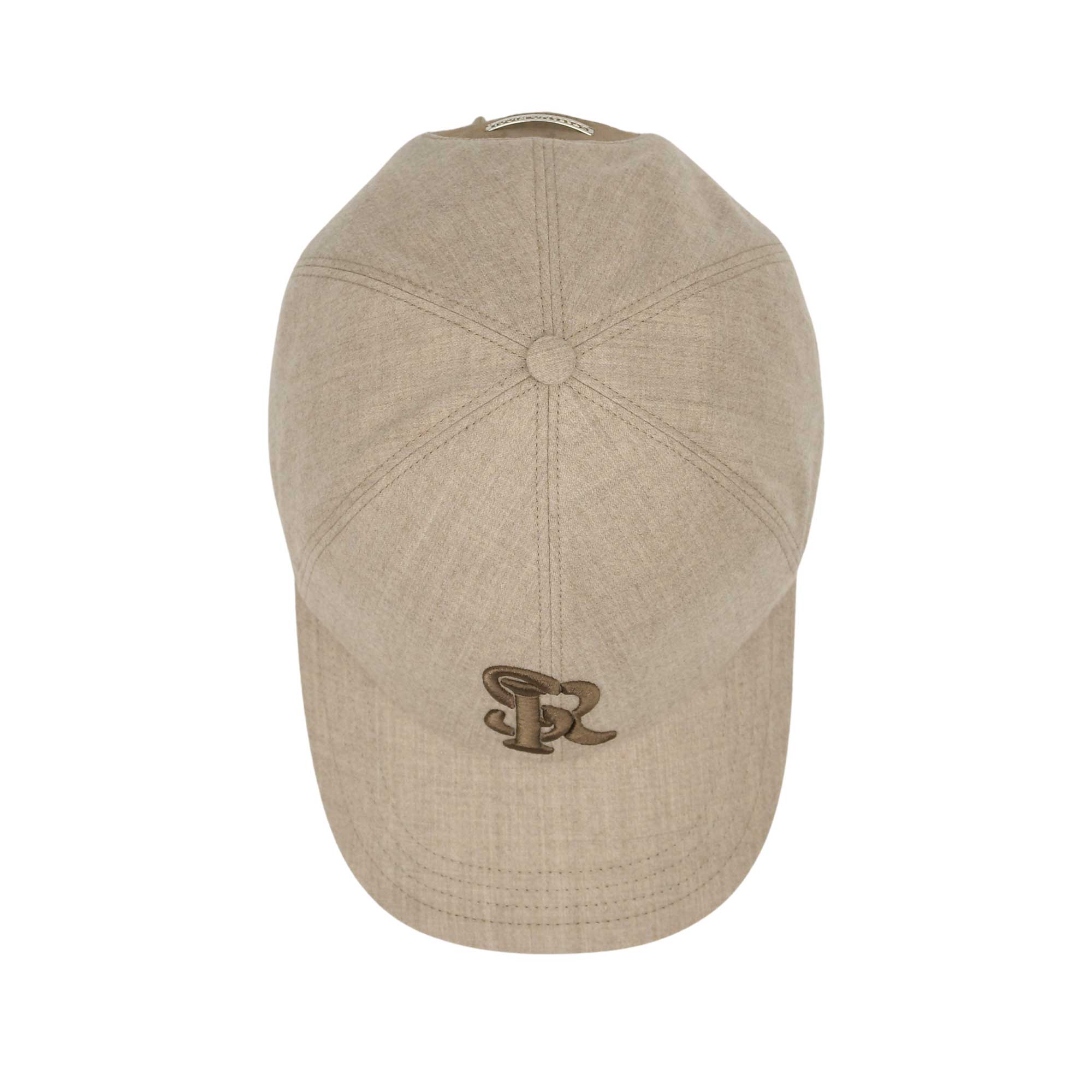 Light tan baseball cap with a textured fabric, curved brim, and an embroidered intertwined 'SR' logo in dark brown on the fro