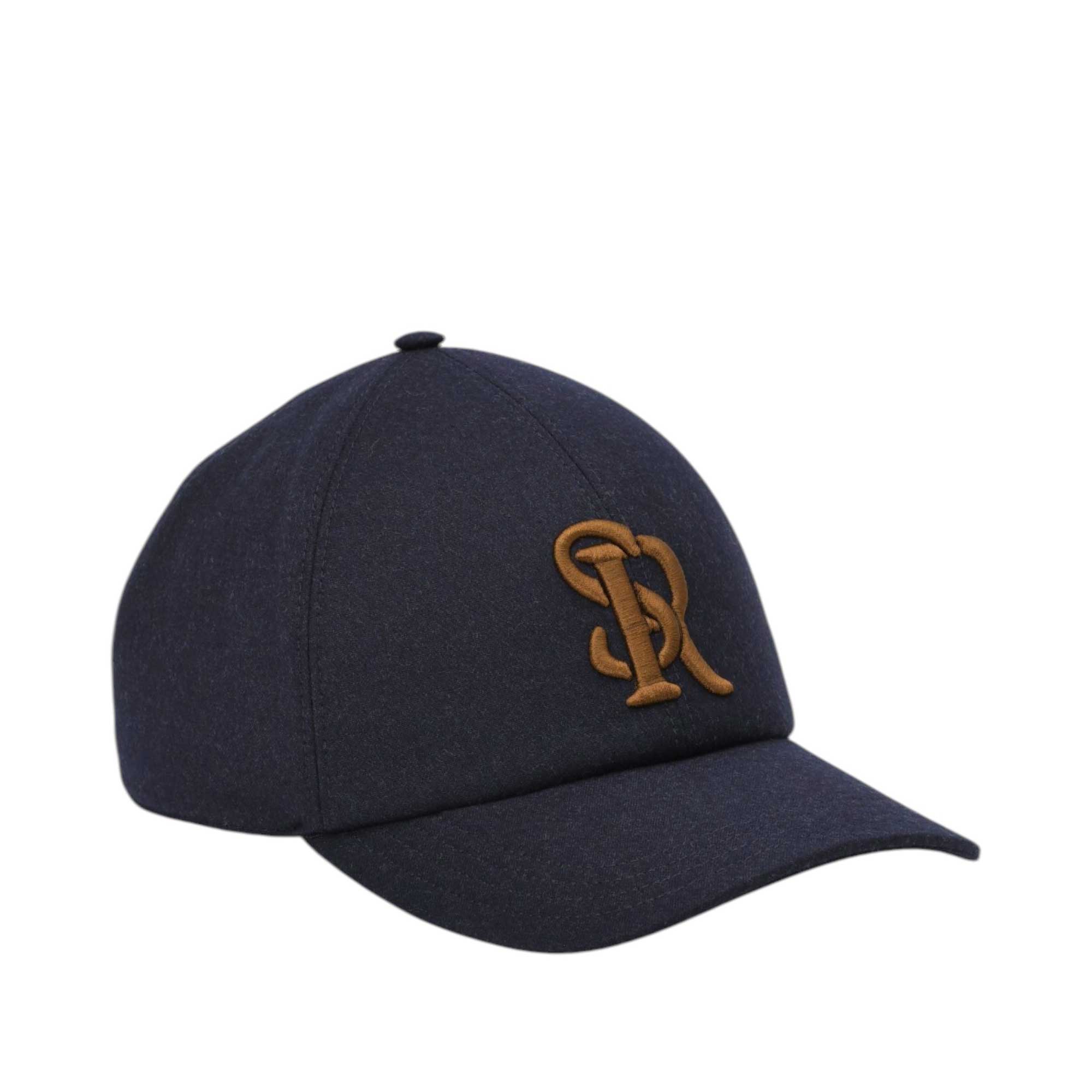 Navy blue textured baseball cap with a gold-toned embroidered 'SR' logo on the front.