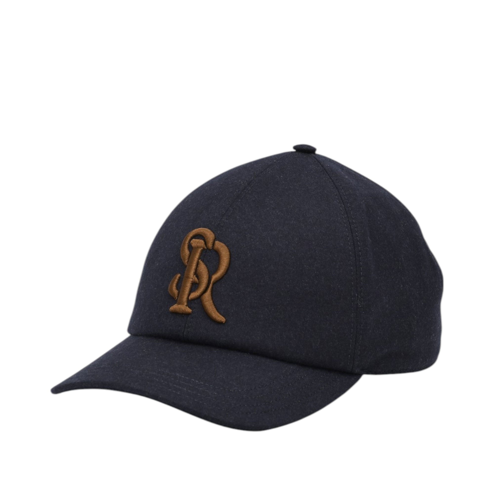 Dark blue baseball cap with a brown-toned embroidered intertwined 'SR' logo on the front.