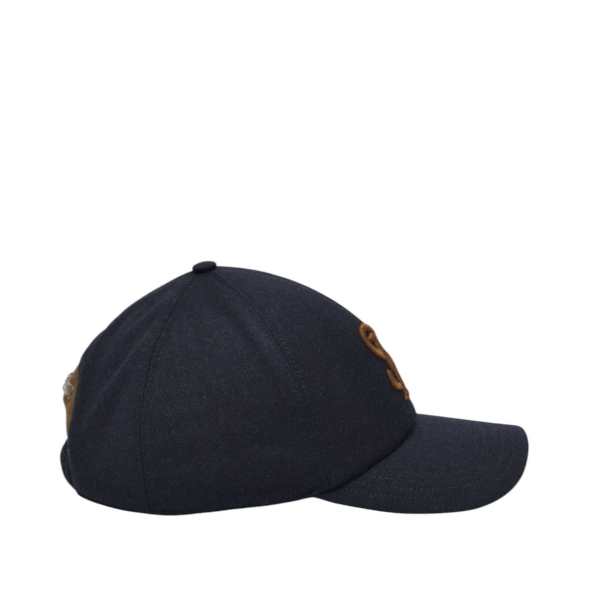 Dark blue baseball cap with brown embroidered logo on front and gold-toned buckle on adjustable brown back strap.