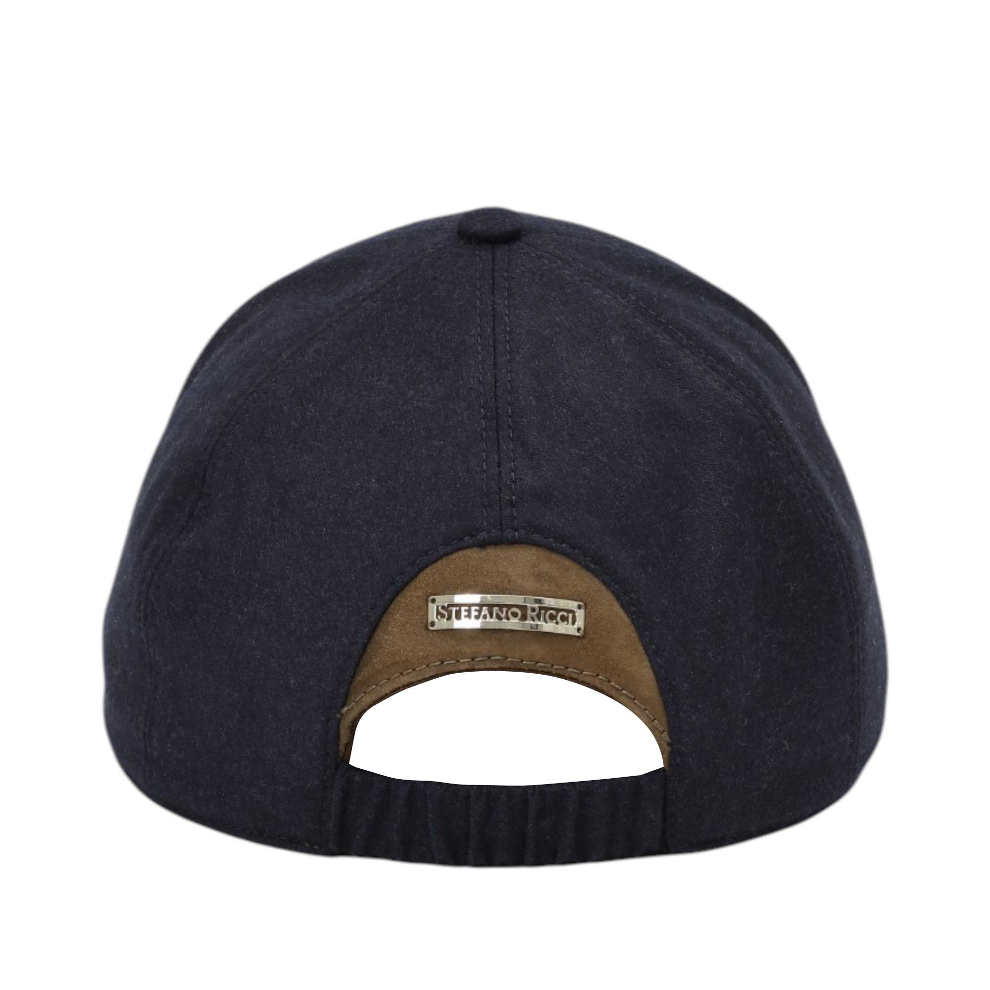 Dark blue baseball cap, back view. Features a brown suede-like panel with a silver-toned "STEFANO RICCI" plaque and elastic s
