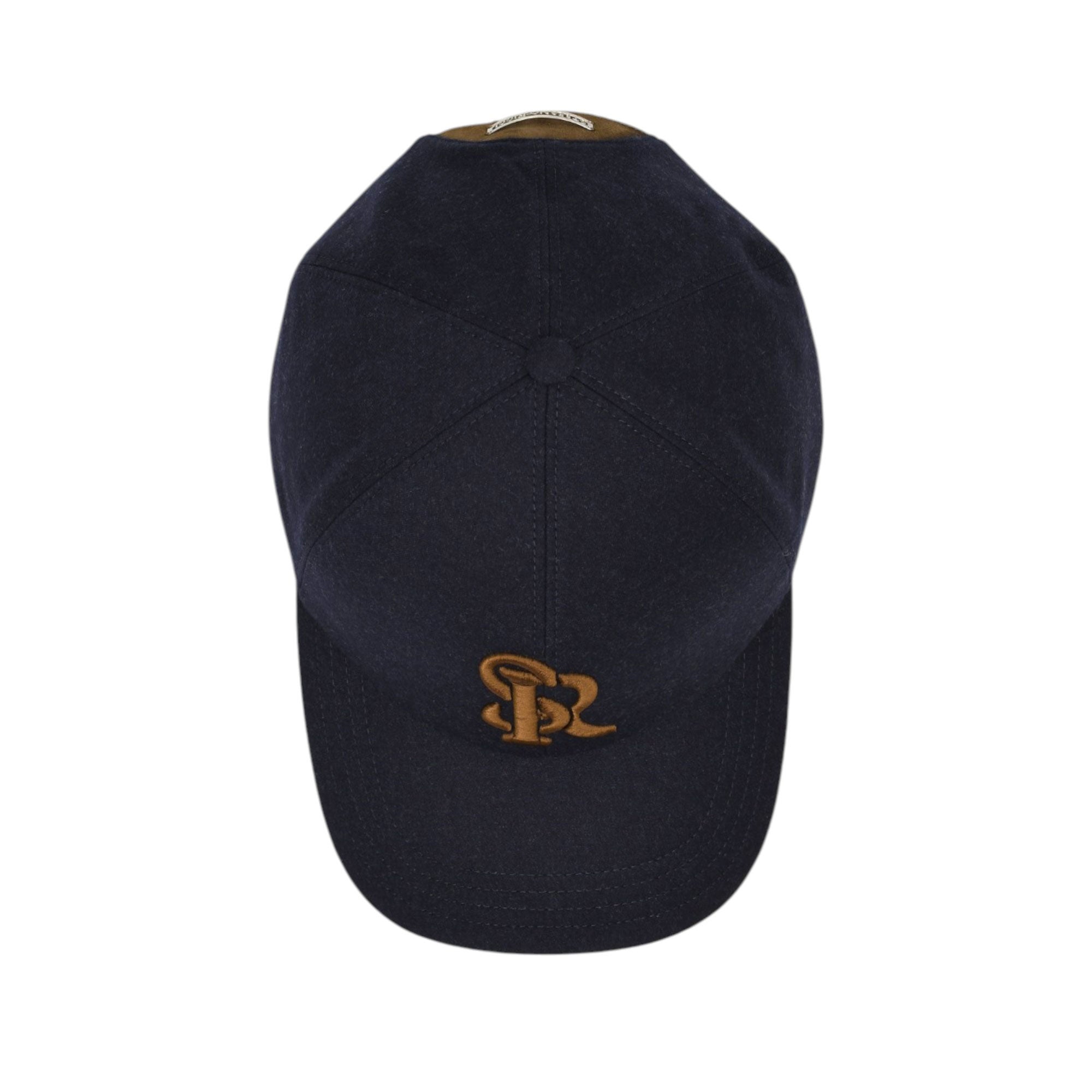 Navy blue textured fabric baseball cap with a gold-toned embroidered 'SR' logo on the front and an olive green back strap.