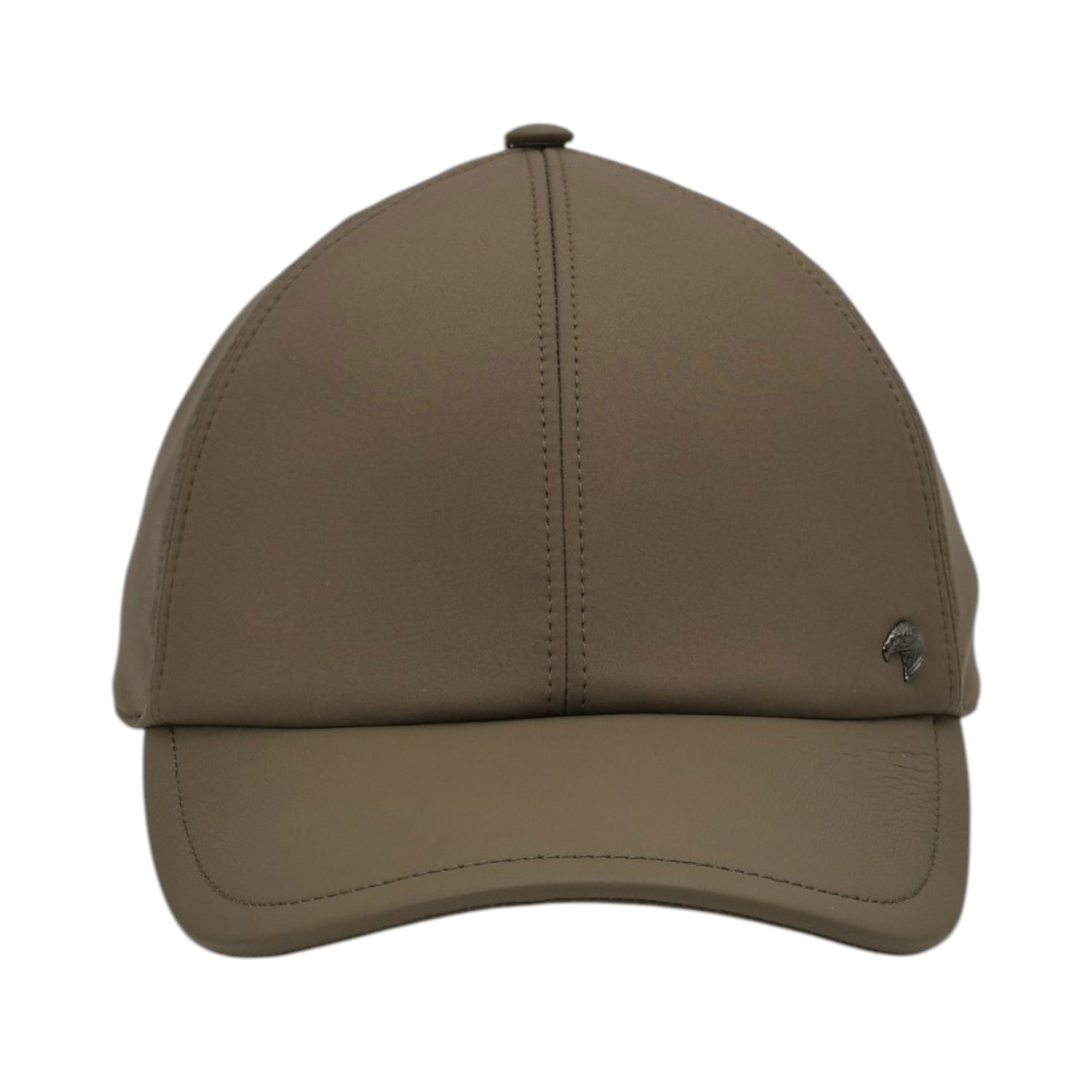 Smooth grey baseball cap with visible stitching and a dark metallic horse head emblem on the left side.
