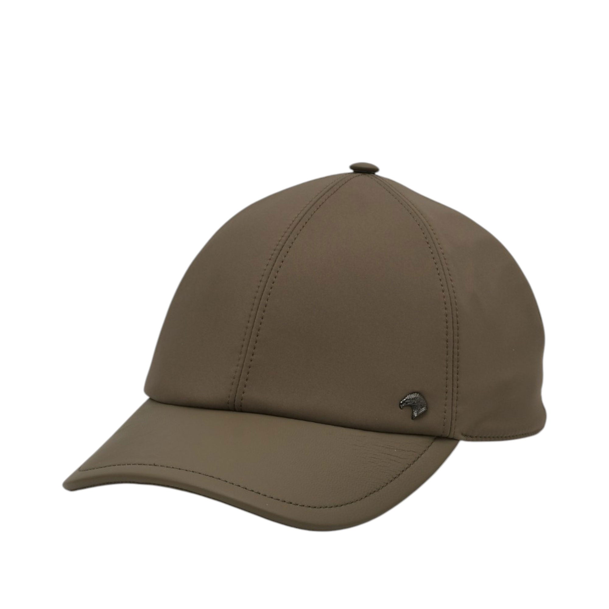 Taupe faux leather baseball cap with a curved brim, six panels, top button, and a dark metallic bird emblem on the front.