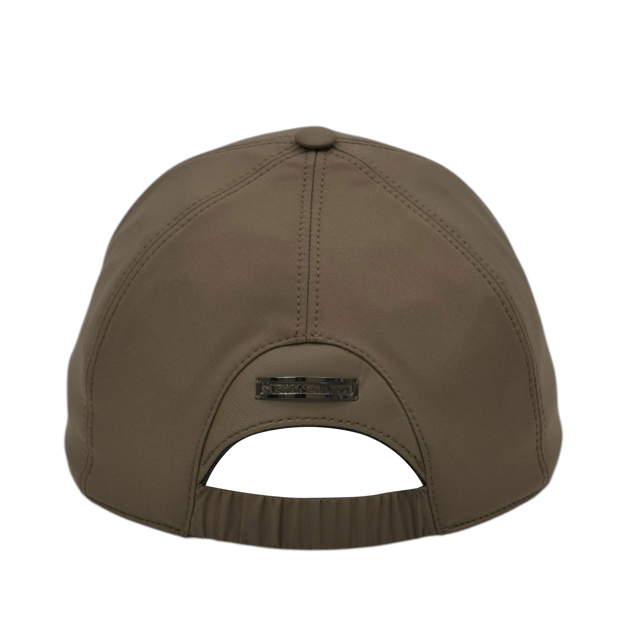 Taupe six-panel baseball cap, back view, with a dark-toned rectangular logo plaque and an elasticized back strap.