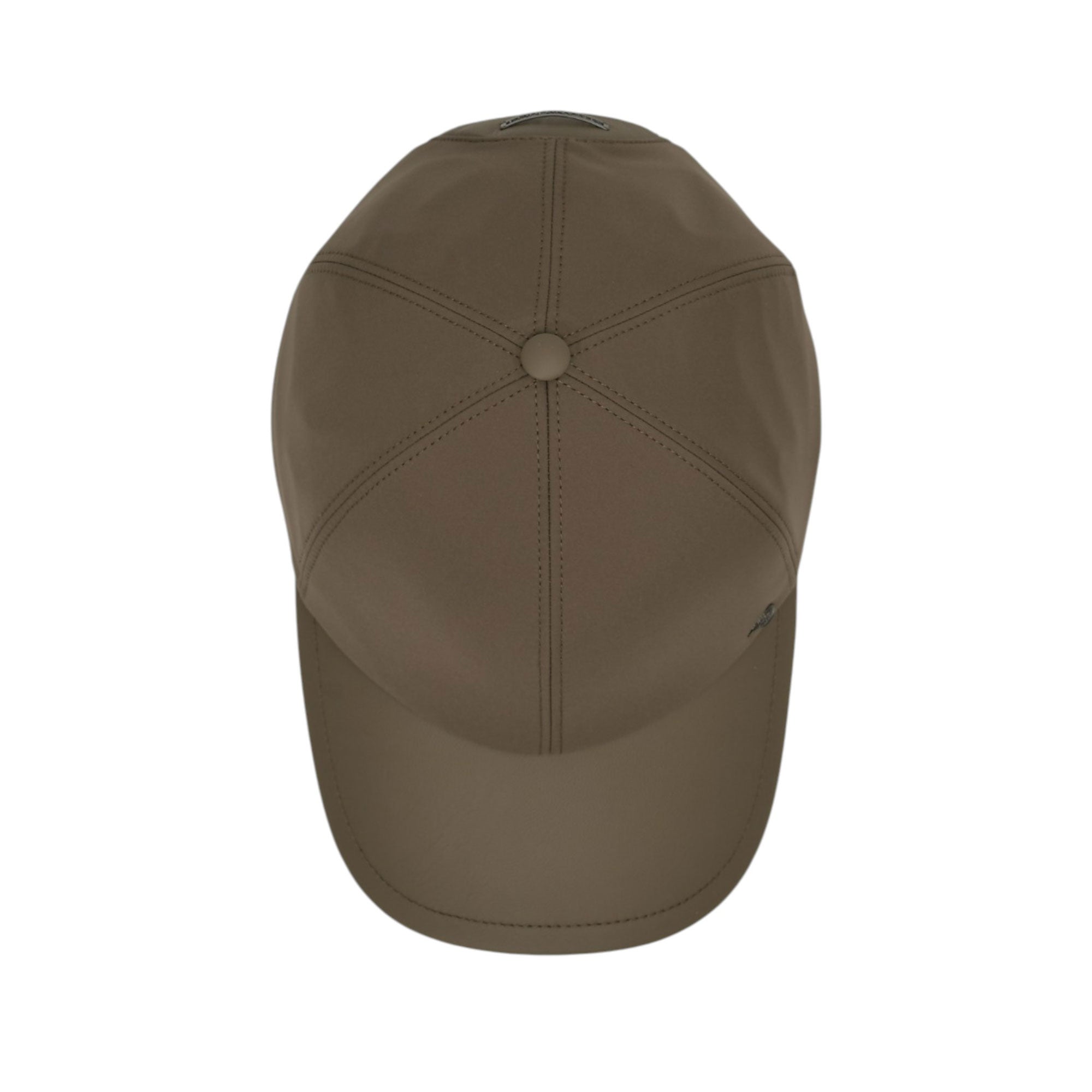 Taupe grey six-panel baseball cap with a curved brim, top button, and a small dark emblem on the left side.