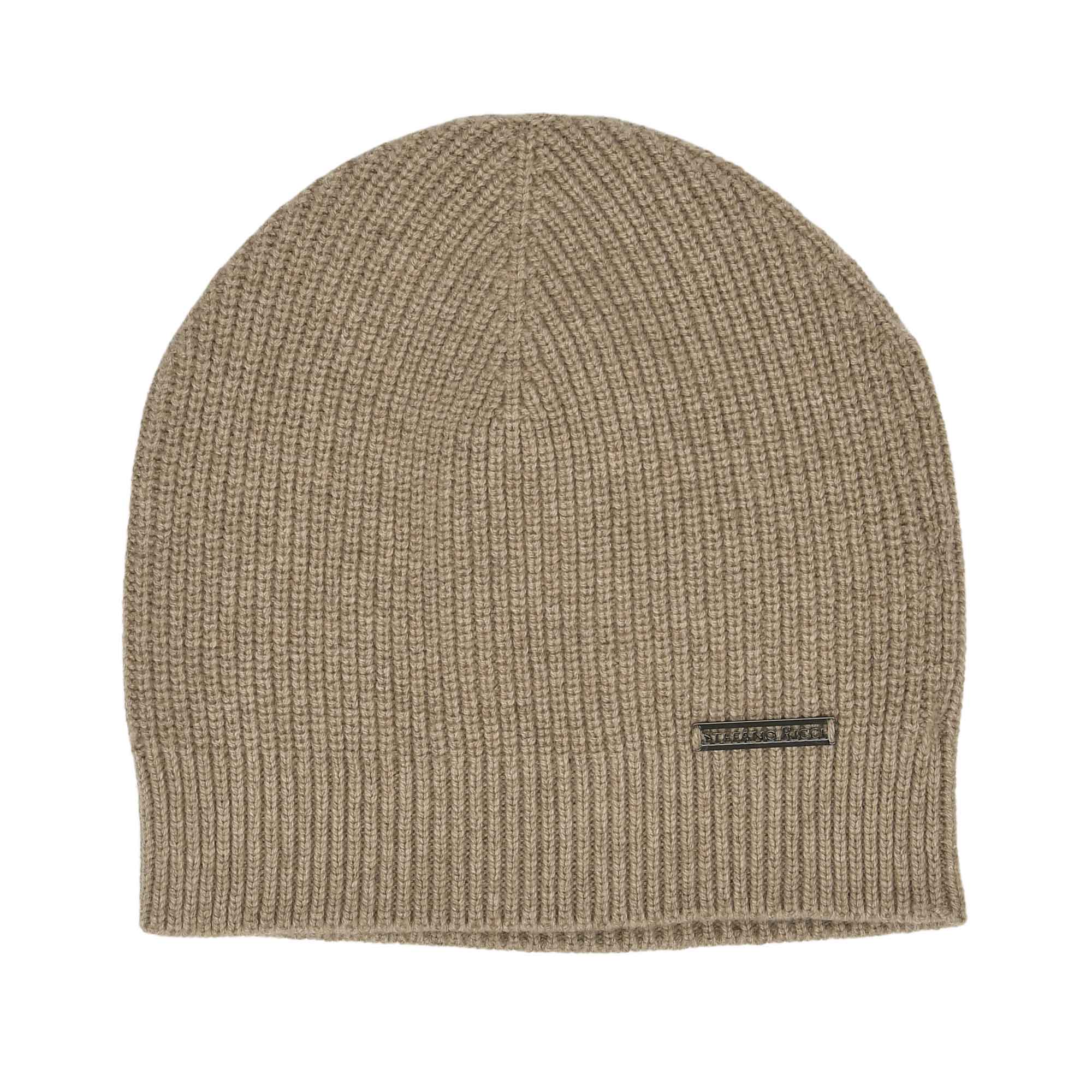 Beige ribbed knit beanie hat with a folded brim and a dark rectangular brand plaque.