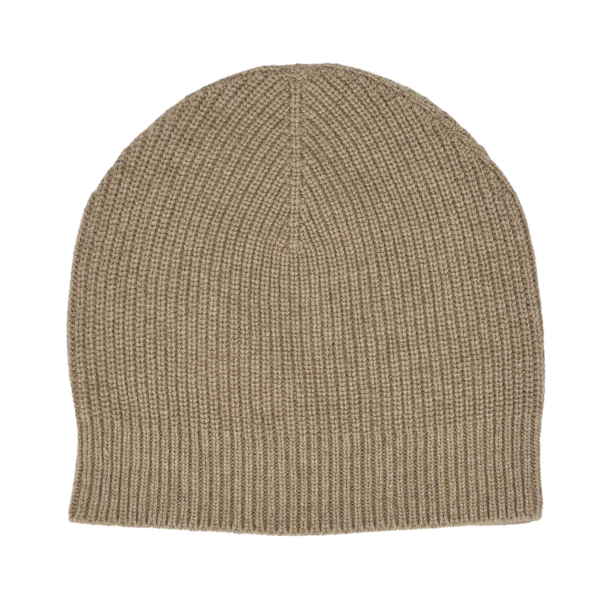 A beige knitted beanie hat with vertical ribbing throughout and a rounded crown.