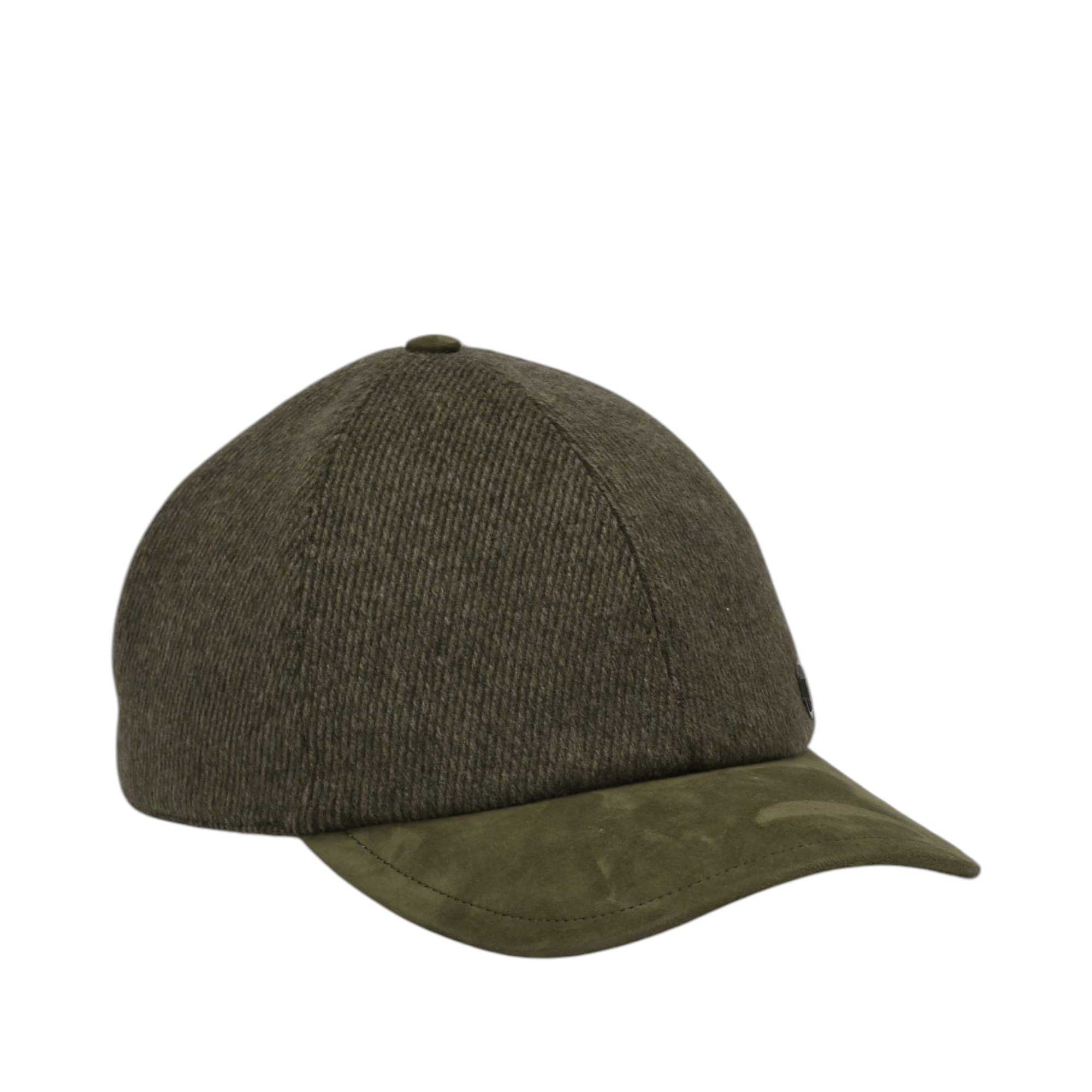 Dark olive green baseball cap with a textured fabric crown and a lighter olive green suede brim. Small dark emblem on side.