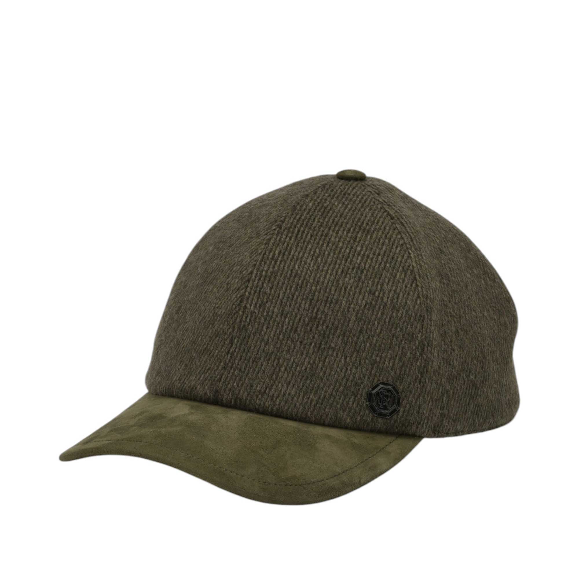 Dark olive green tweed-style cap with a lighter olive green suede brim. Features a small dark round emblem on the side.