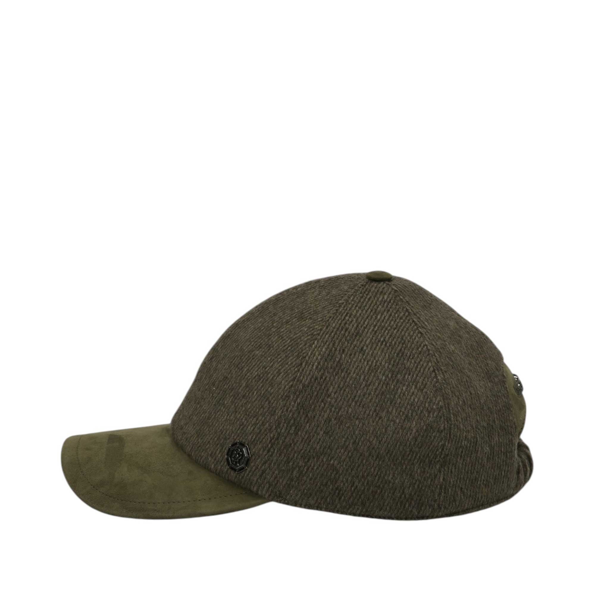 Dark olive green baseball cap with a textured fabric crown and a lighter olive green suede-like brim. Features a dark emblem