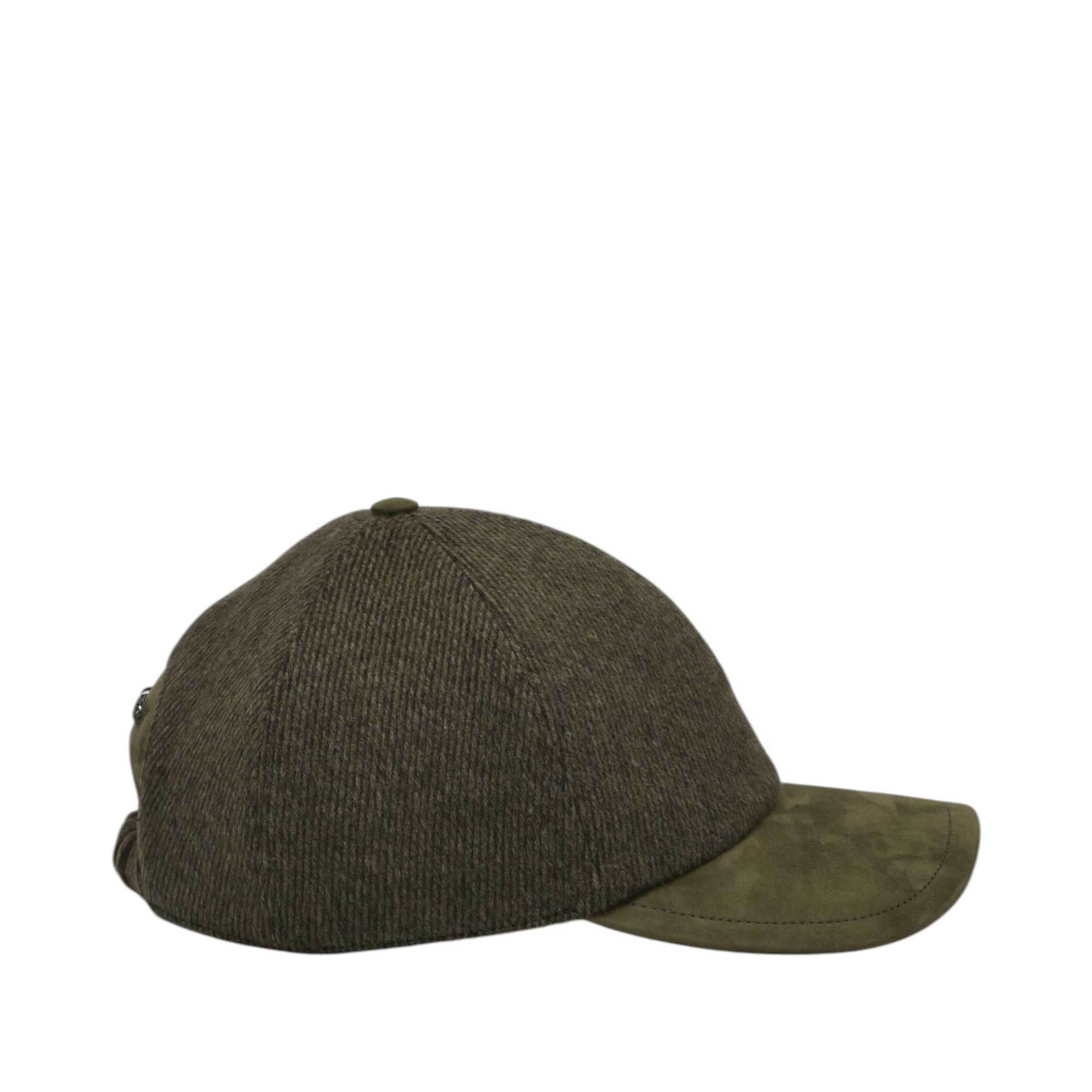 Dark olive green baseball cap with a textured fabric crown and a suede-like olive green brim. Adjustable strap with buckle at