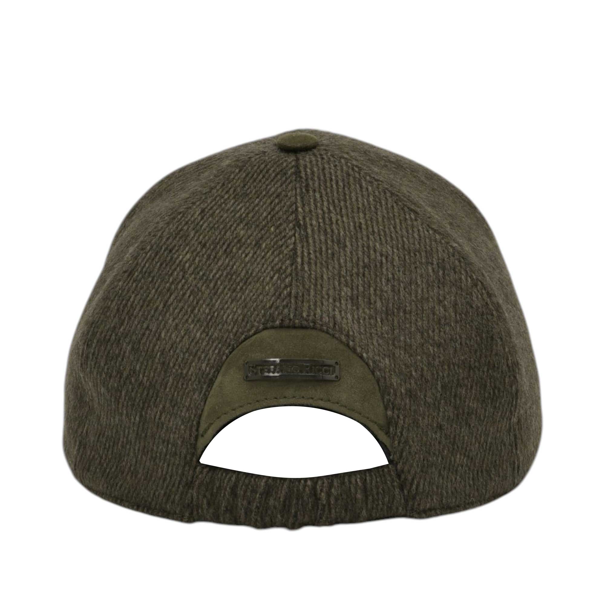 Dark olive green baseball cap with a textured herringbone weave. Features a solid dark green adjustable back strap with a dar