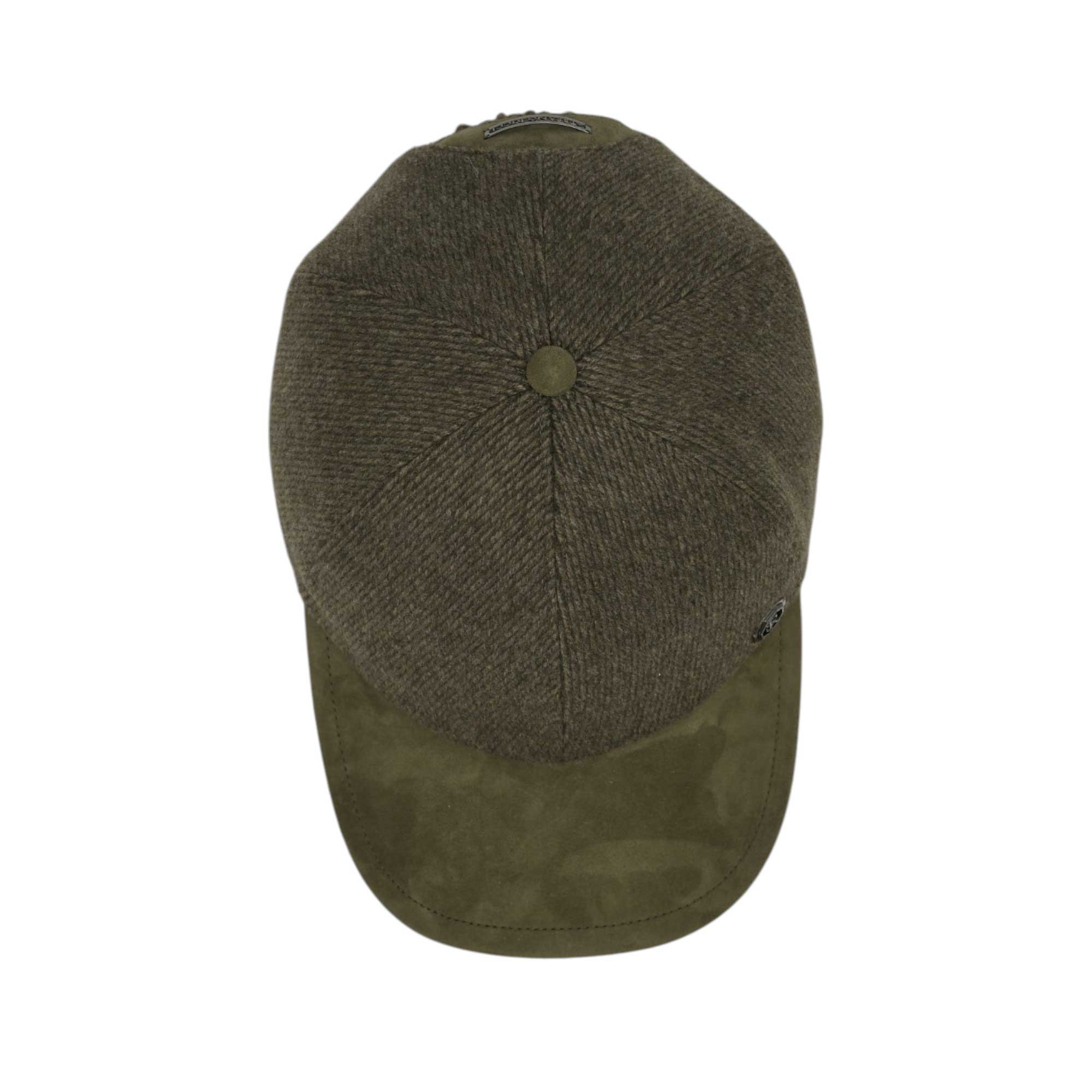 Olive green cap with a herringbone fabric crown and a suede-like brim. Features a top button and a small side emblem.