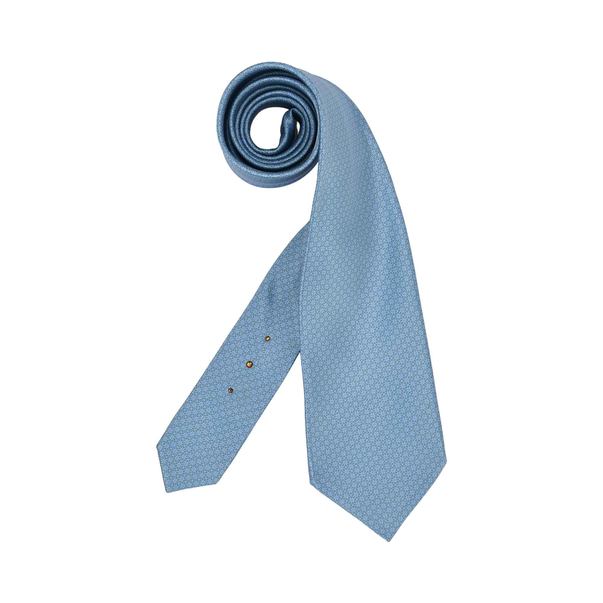 Light blue necktie with a subtle geometric pattern. The narrow end has three small gold-toned studs.