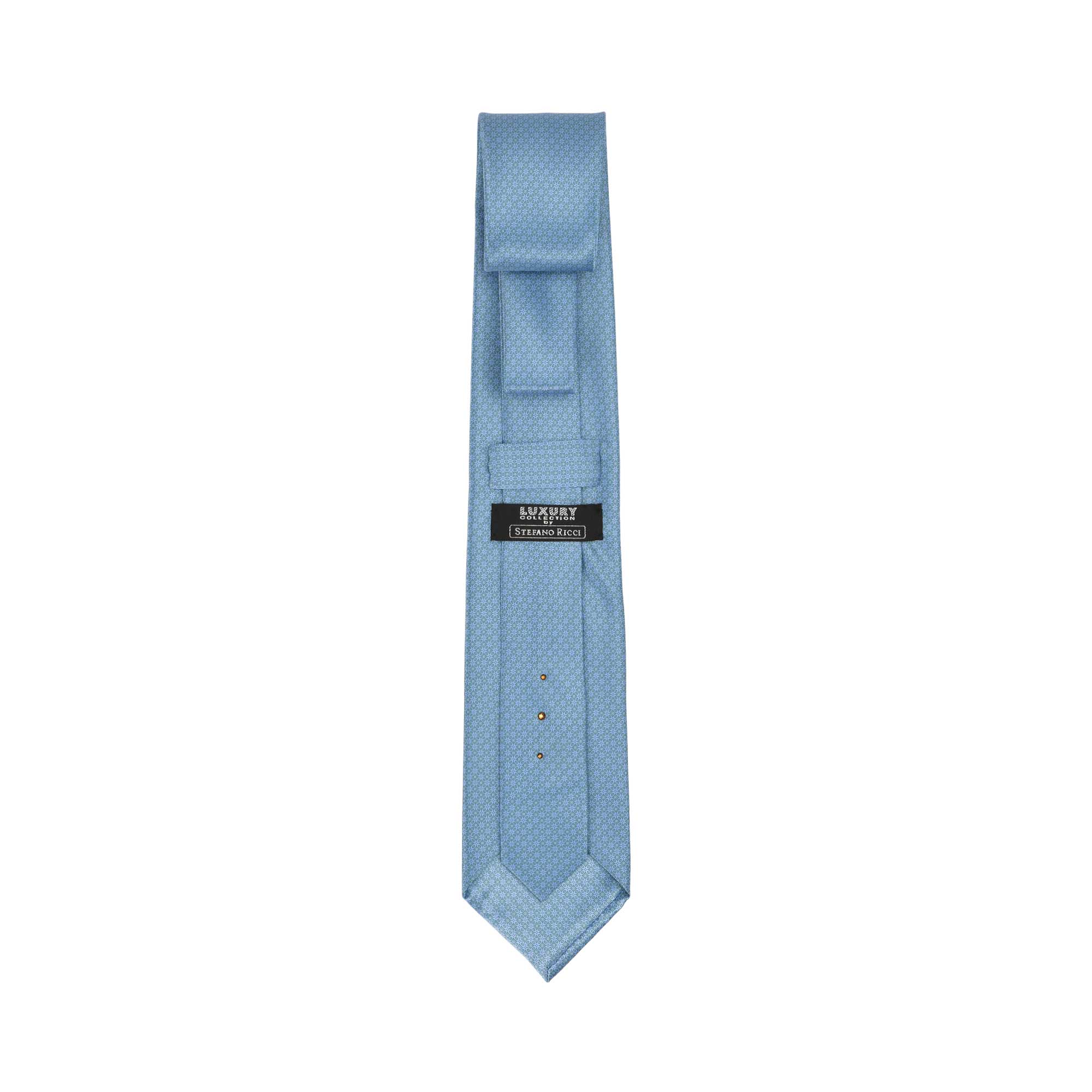 Light blue tie with a subtle geometric pattern, a black brand label, and three small dots on the reverse.