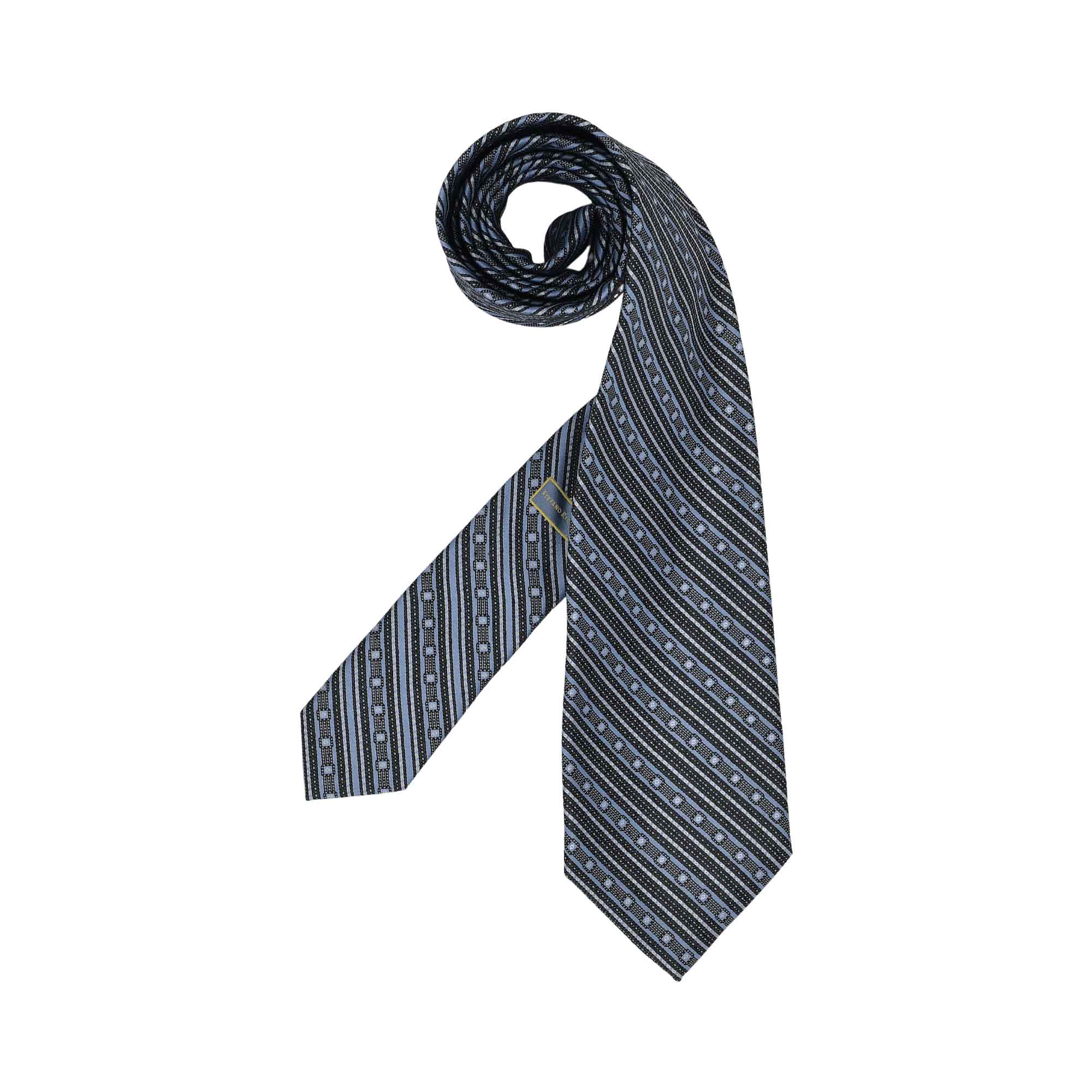 Blue and black patterned tie with diagonal stripes on the wide blade and vertical stripes on the narrow tail. Gold-toned labe