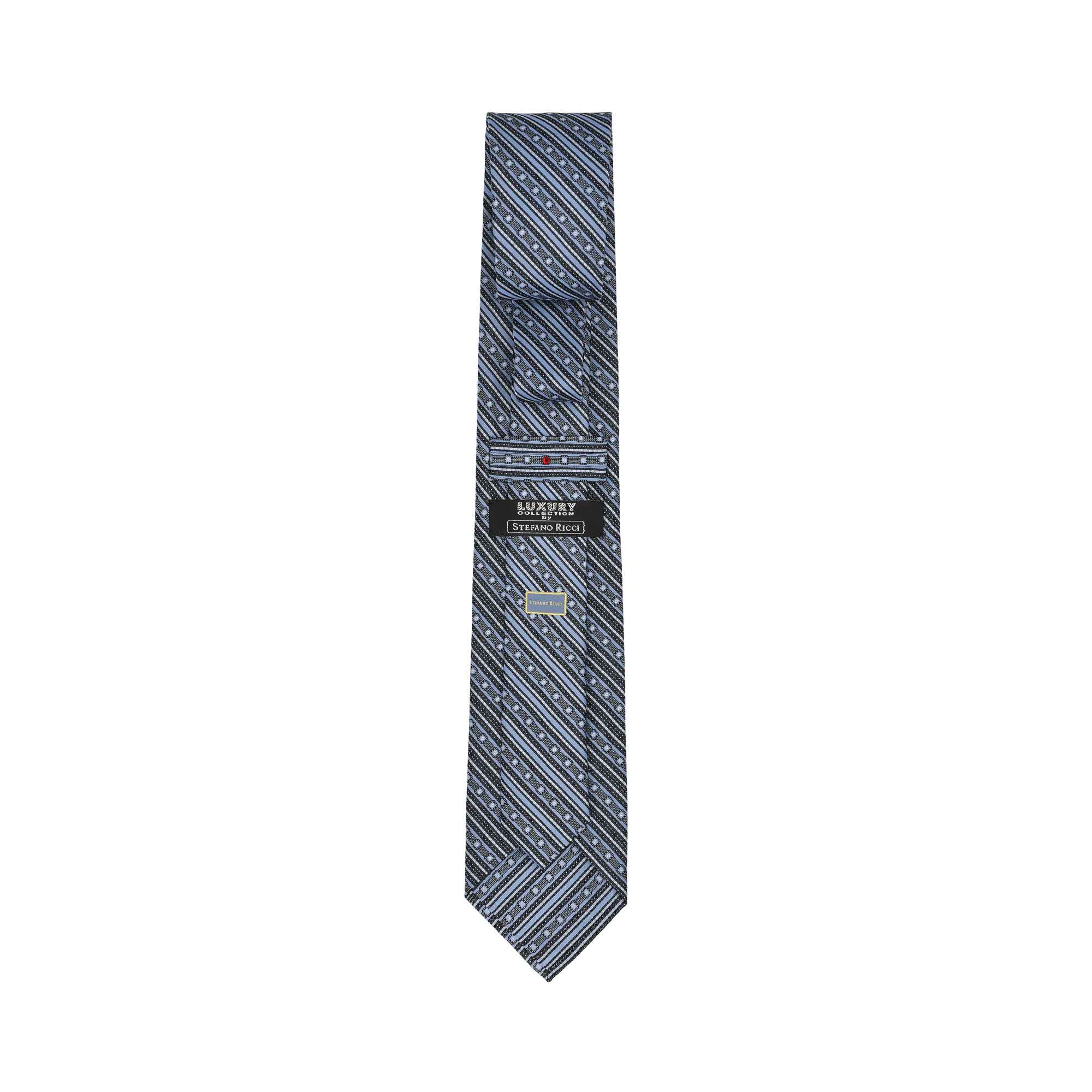 Blue and black striped tie with white dots, showing the back with a "Luxury Collection Stefano Ricci" label.