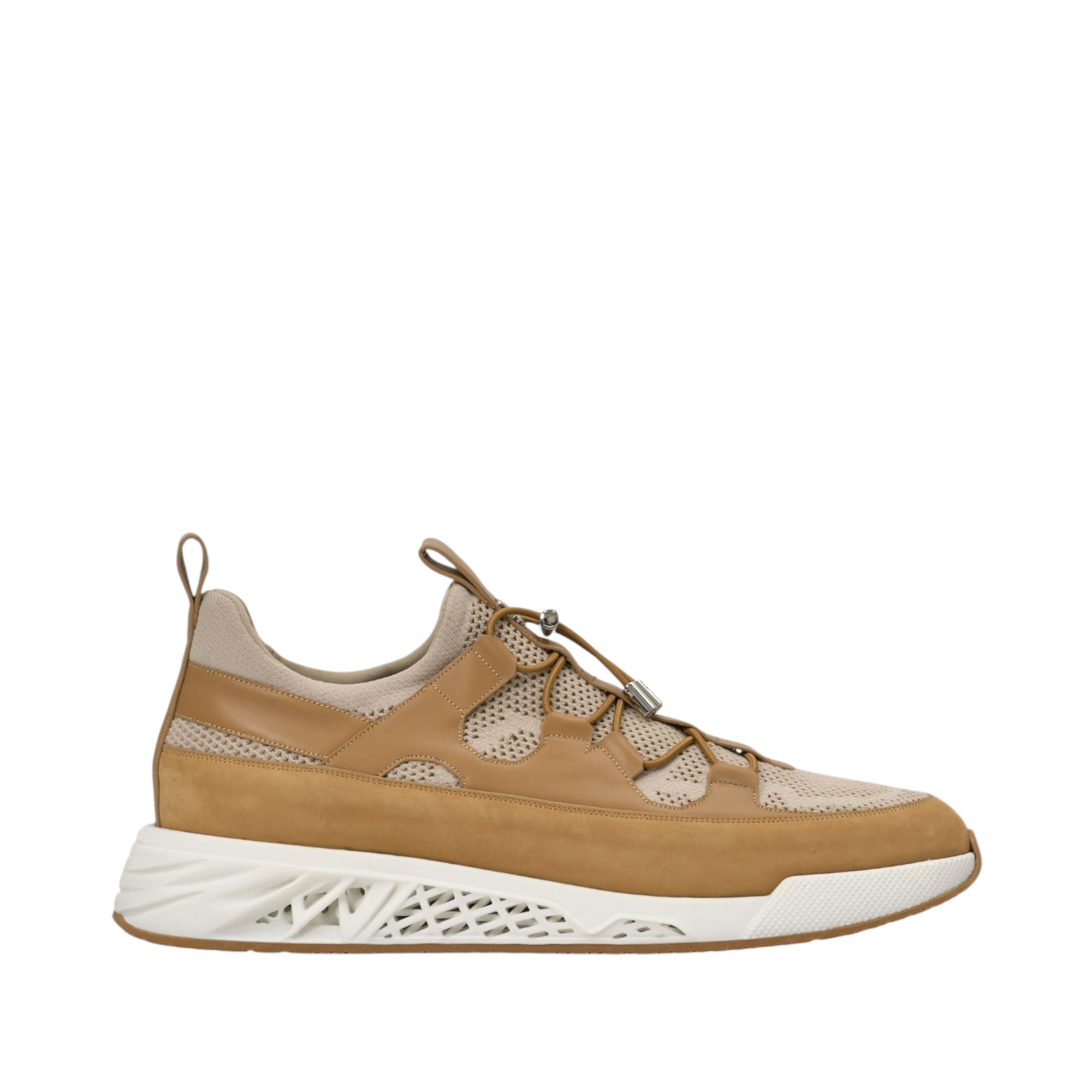 Brown and beige men's sneakers with a toggle lace closure, mesh panels, and a white geometric sole.