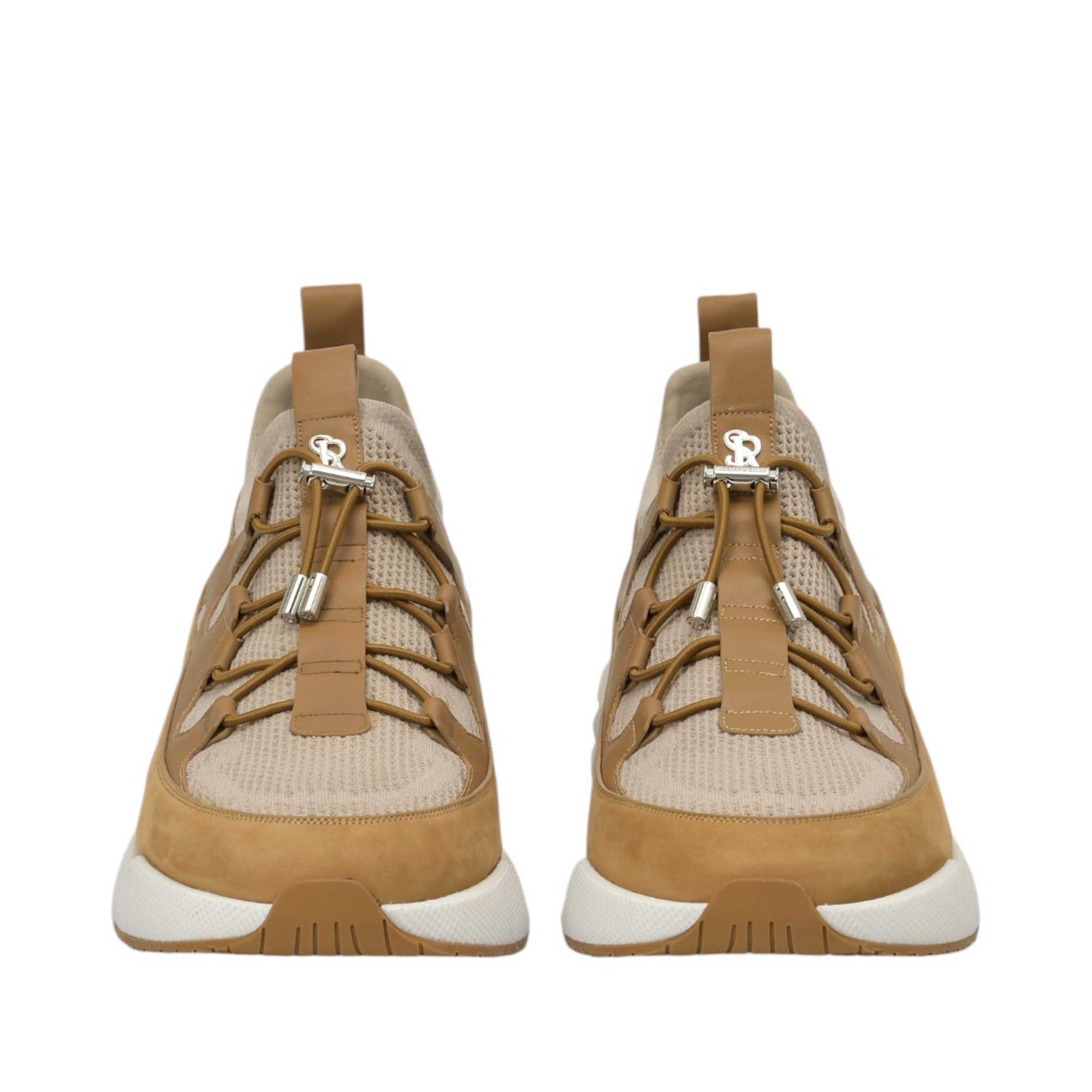 Brown and beige athletic shoes with mesh uppers, leather overlays, elastic laces with silver-toned 'B' logo toggles, and whit
