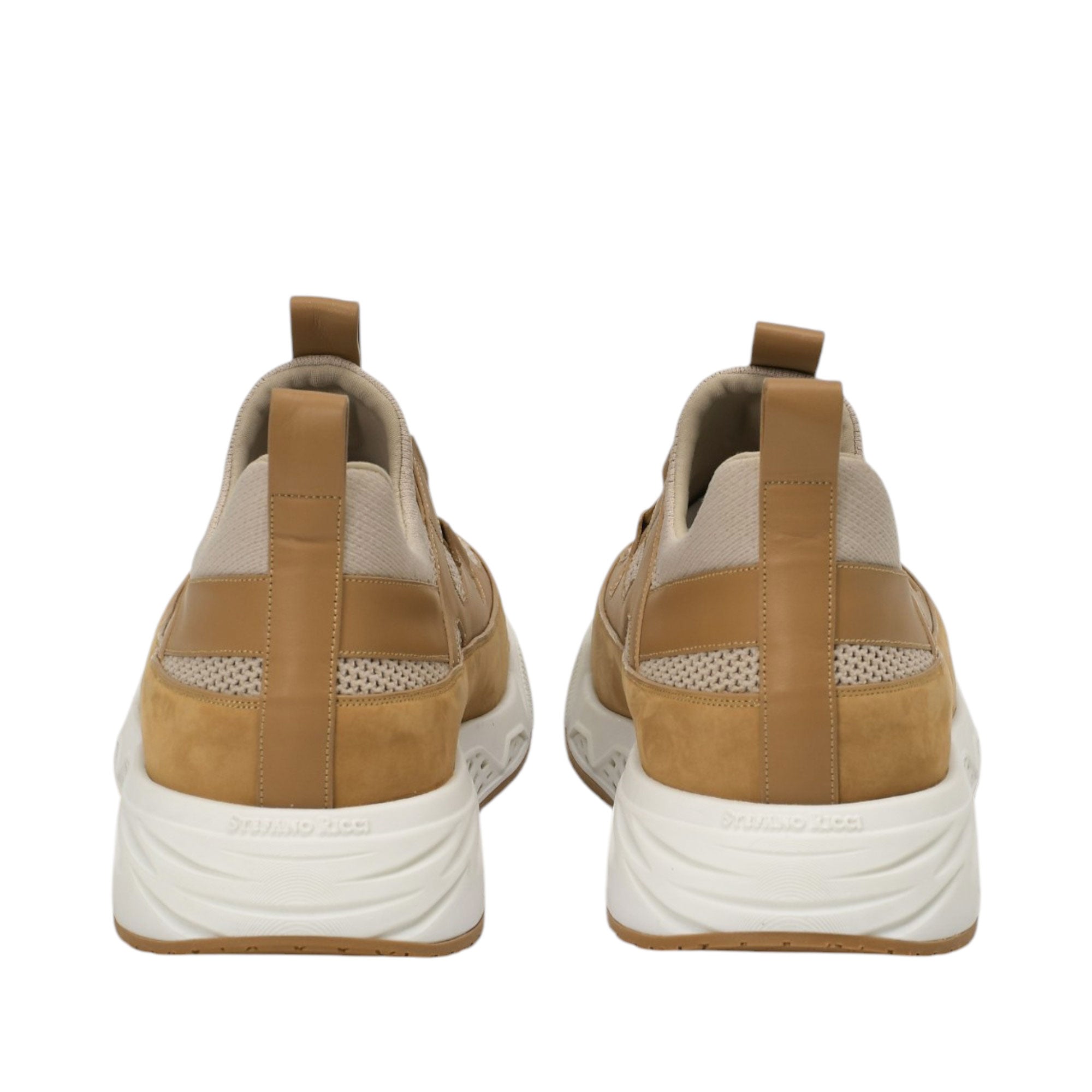Pair of camel brown suede and tan leather sneakers with light tan mesh panels, a tan heel pull tab, and thick white soles.