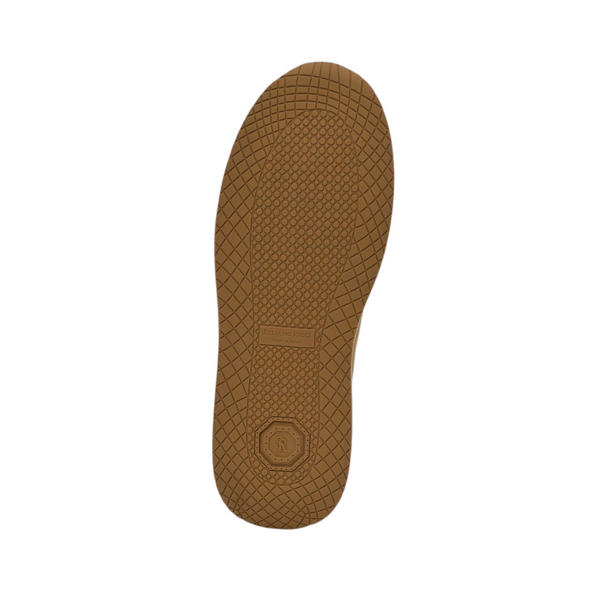 Brown rubber shoe sole with a textured grip pattern of circular nubs and diamond crosshatch, featuring 'STEFANO RICCI' brandi