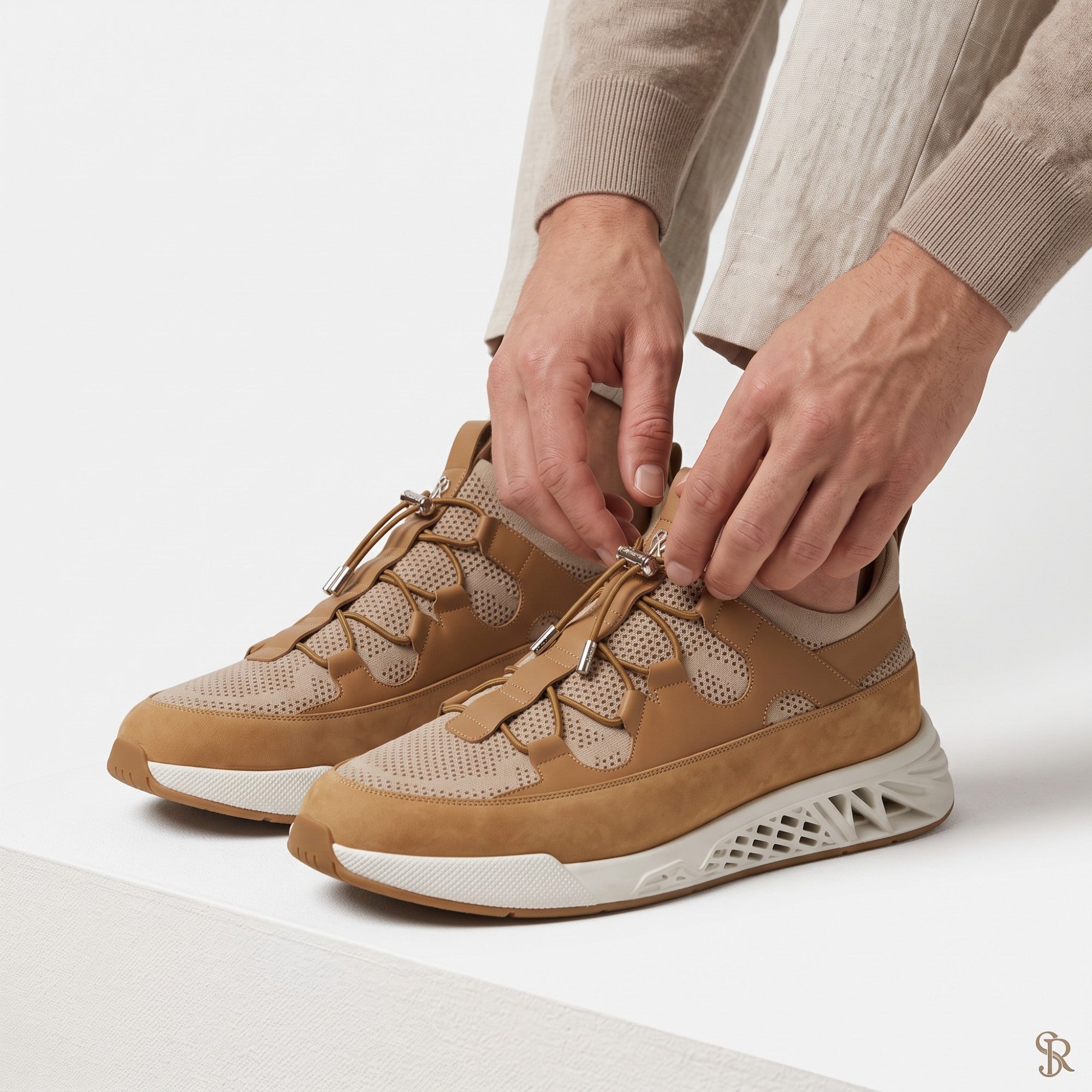 Tan and beige high-top sneakers with mesh panels, bungee laces, silver-toned toggles, and a white sole featuring a geometric