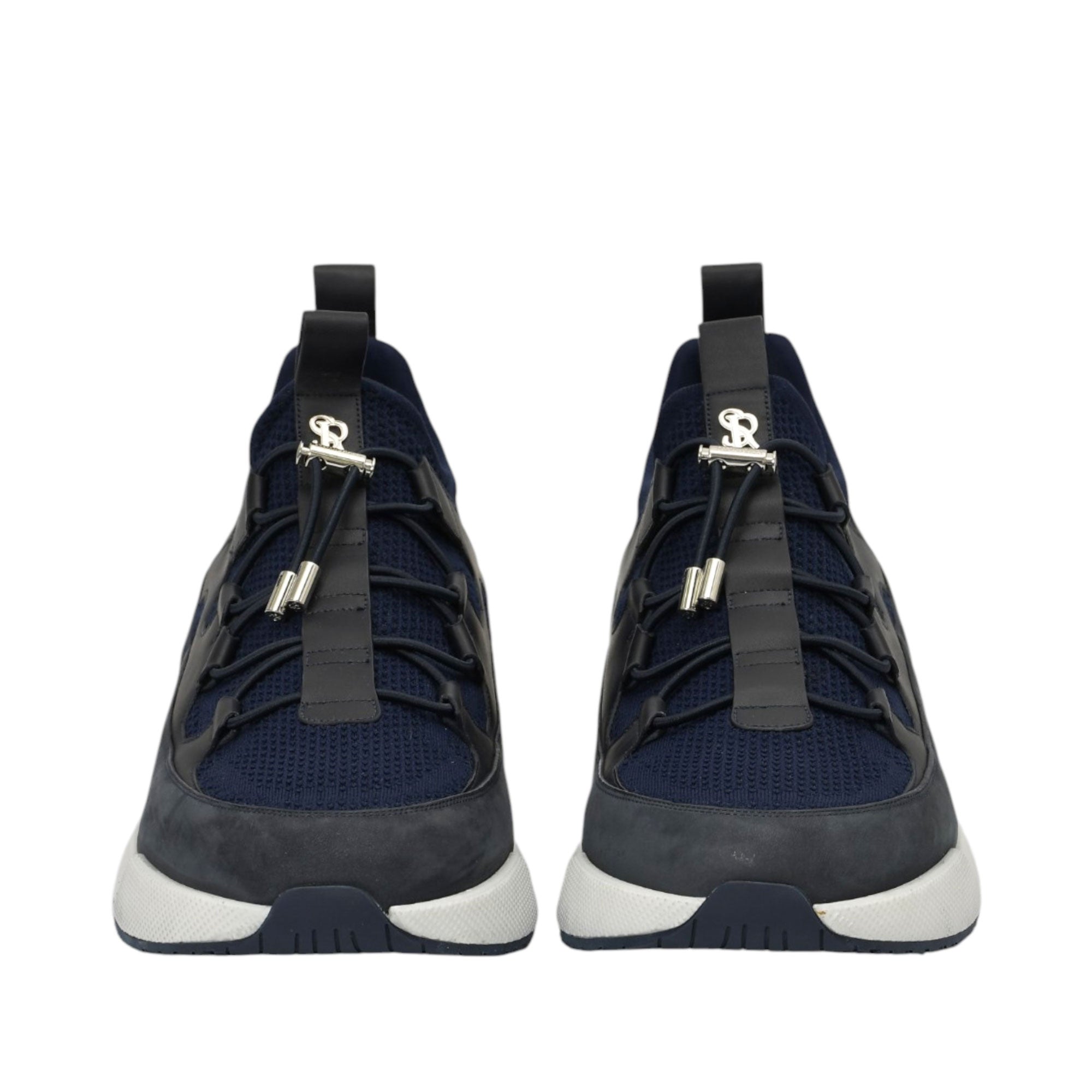 Navy blue mesh sneakers with black lacing straps, silver-toned toggles, SR logo, and white/navy sole.