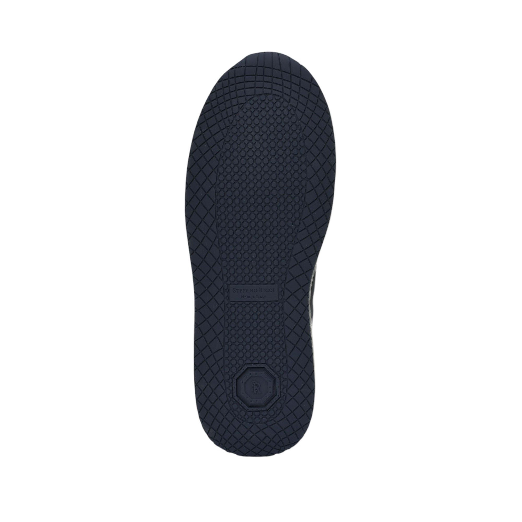 Navy blue shoe sole with a diamond-patterned tread, featuring 'STEFANO RICCI' text and an 'R' emblem.