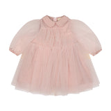 Pink baby dress with a rounded collar, sheer long puff sleeves, and a tiered tulle skirt, featuring a rear zip closure.