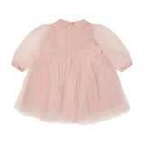 Pink dress with a Peter Pan collar, sheer puffed sleeves, and a full tulle skirt. Back zipper closure.