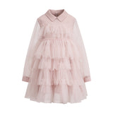 Pink long-sleeved dress with a Peter Pan collar, sheer sleeves, and a tiered skirt made of ruffled tulle.