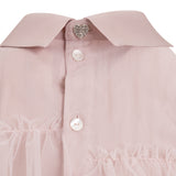 Pink mesh dress with a smooth pointed collar, button-up front, rhinestone heart button at the neck, and ruffled mesh details.
