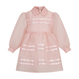 Light pink sheer dress with a Peter Pan collar, long puff sleeves, gathered waist, and horizontal satin ribbon details.