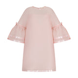 Pink shift dress with sheer bell sleeves, ribbon details, satin hem trim, and a round neckline