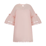 Pink shift dress with sheer bell sleeves, two satin ribbon bands on sleeves, small bows at shoulders, and a keyhole neckline.