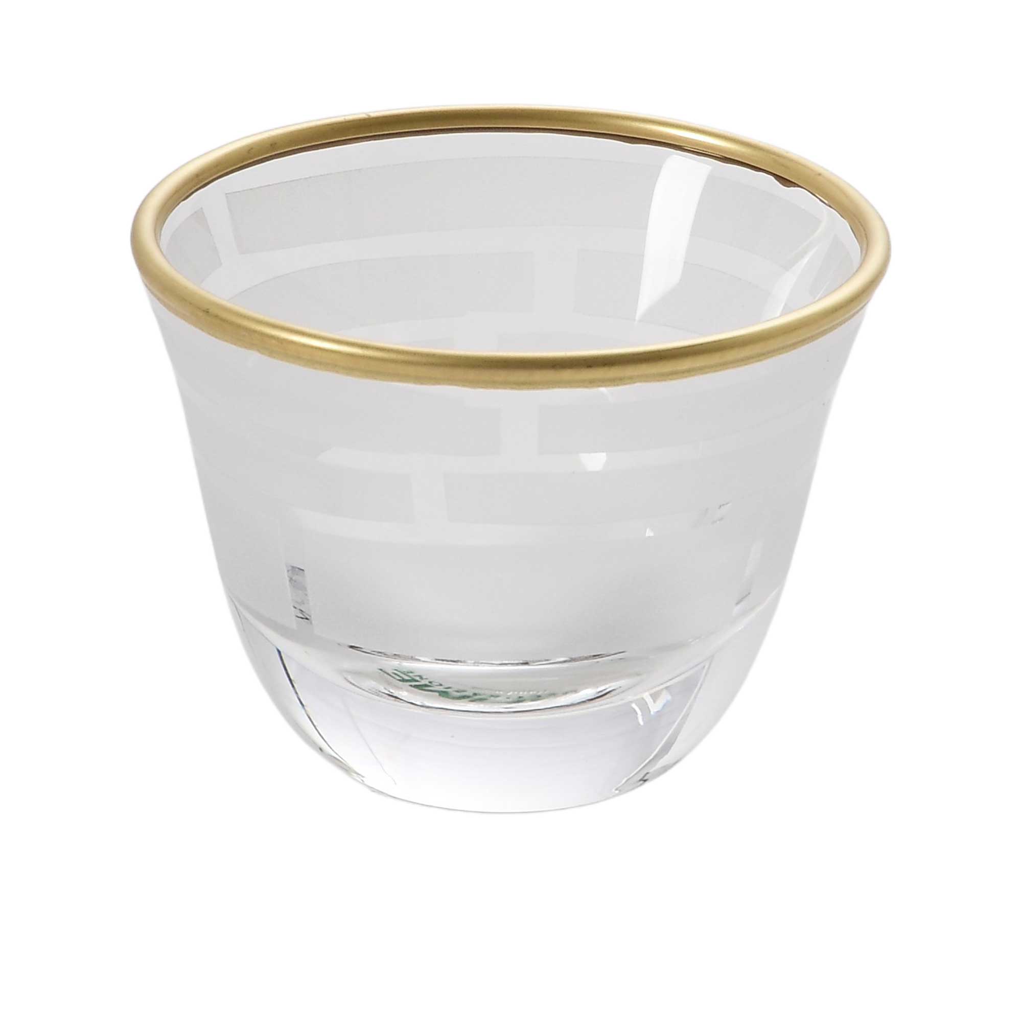 Close-up of a single crystal tumbler highlighting the intricate hand-painted 24k gold Baroque scrollwork.