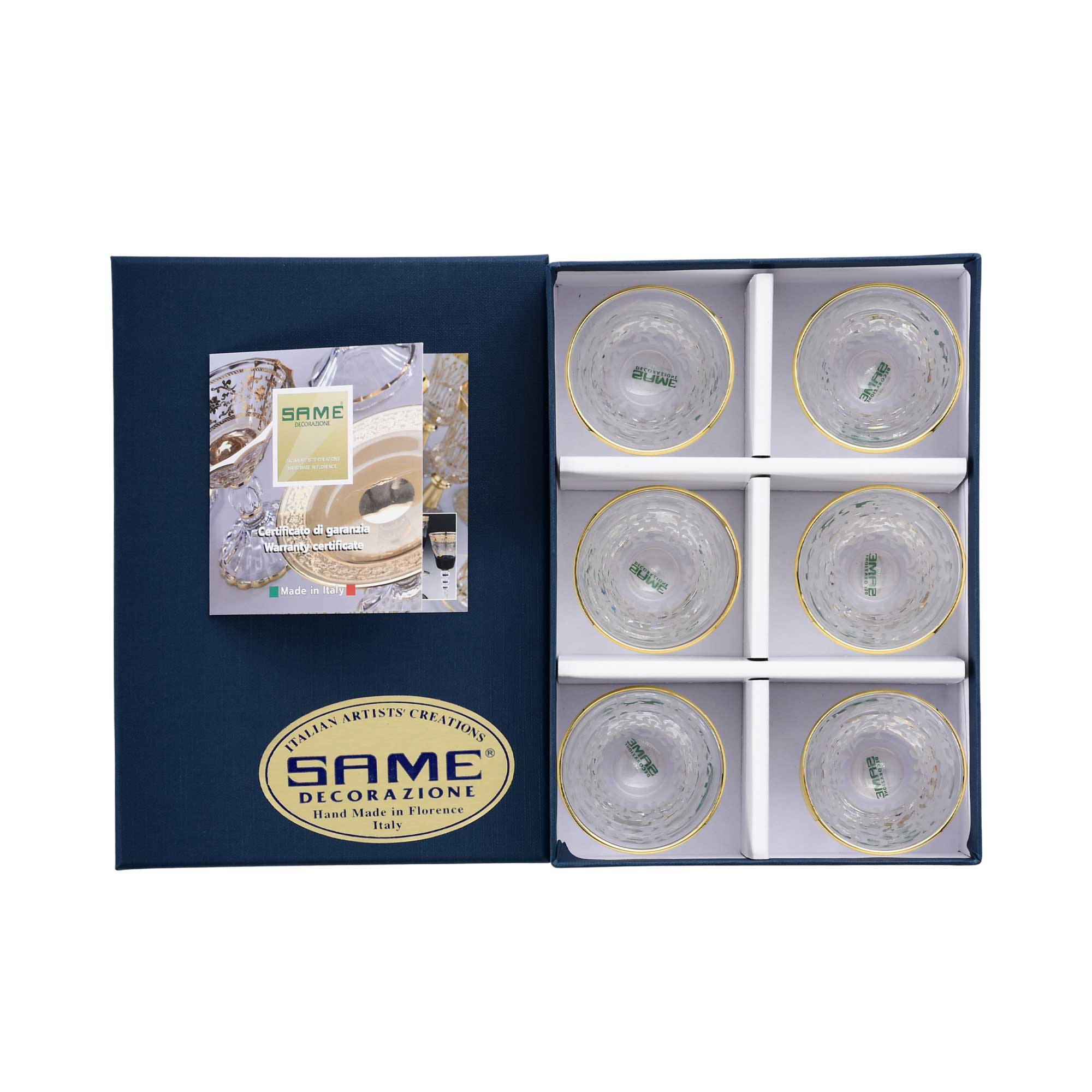 Six crystal cups with gold rims arranged in a navy blue SAME Decorazione gift box with a warranty certificate.