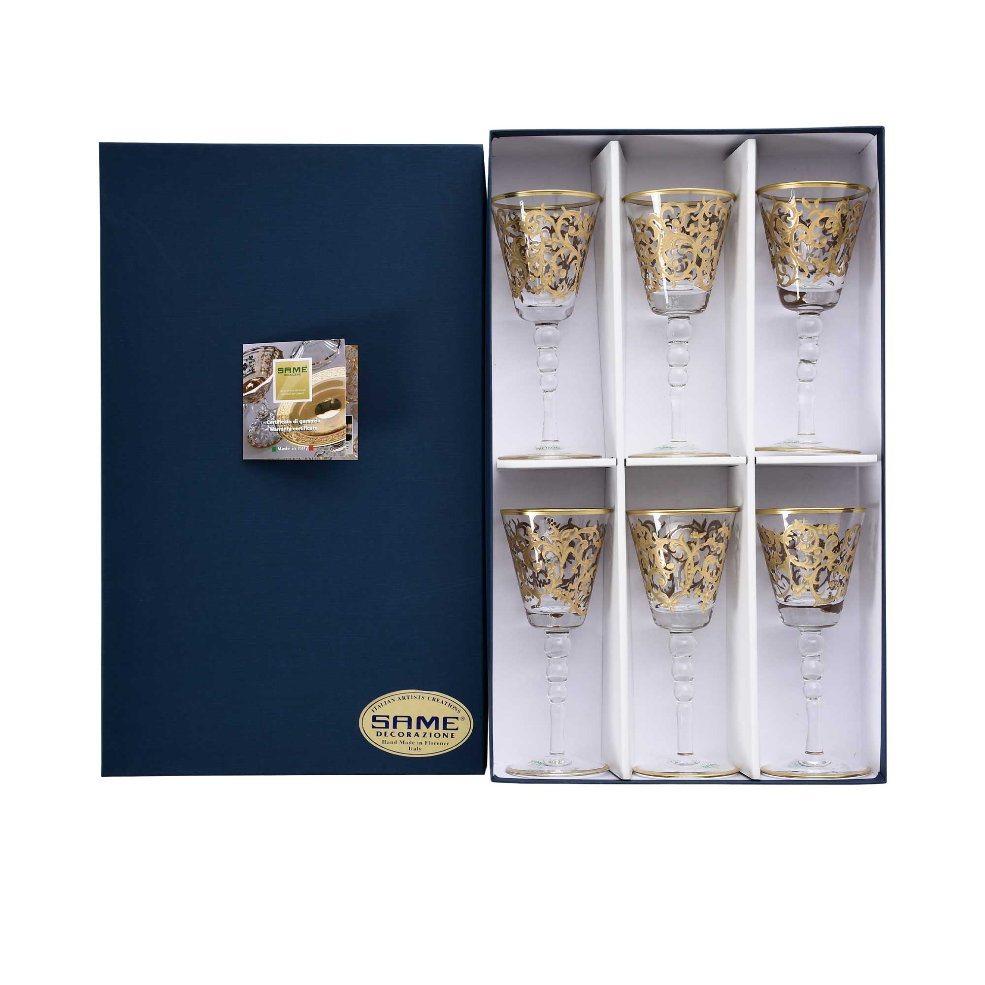 A set of six SAME Decorazione wine glasses with gold Baroque patterns in a luxury navy blue gift box with a certificate of authenticity.