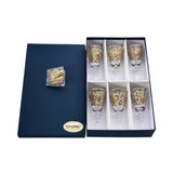 Perspective view of the six-piece Italian glass set in its protective white-lined presentation packaging.