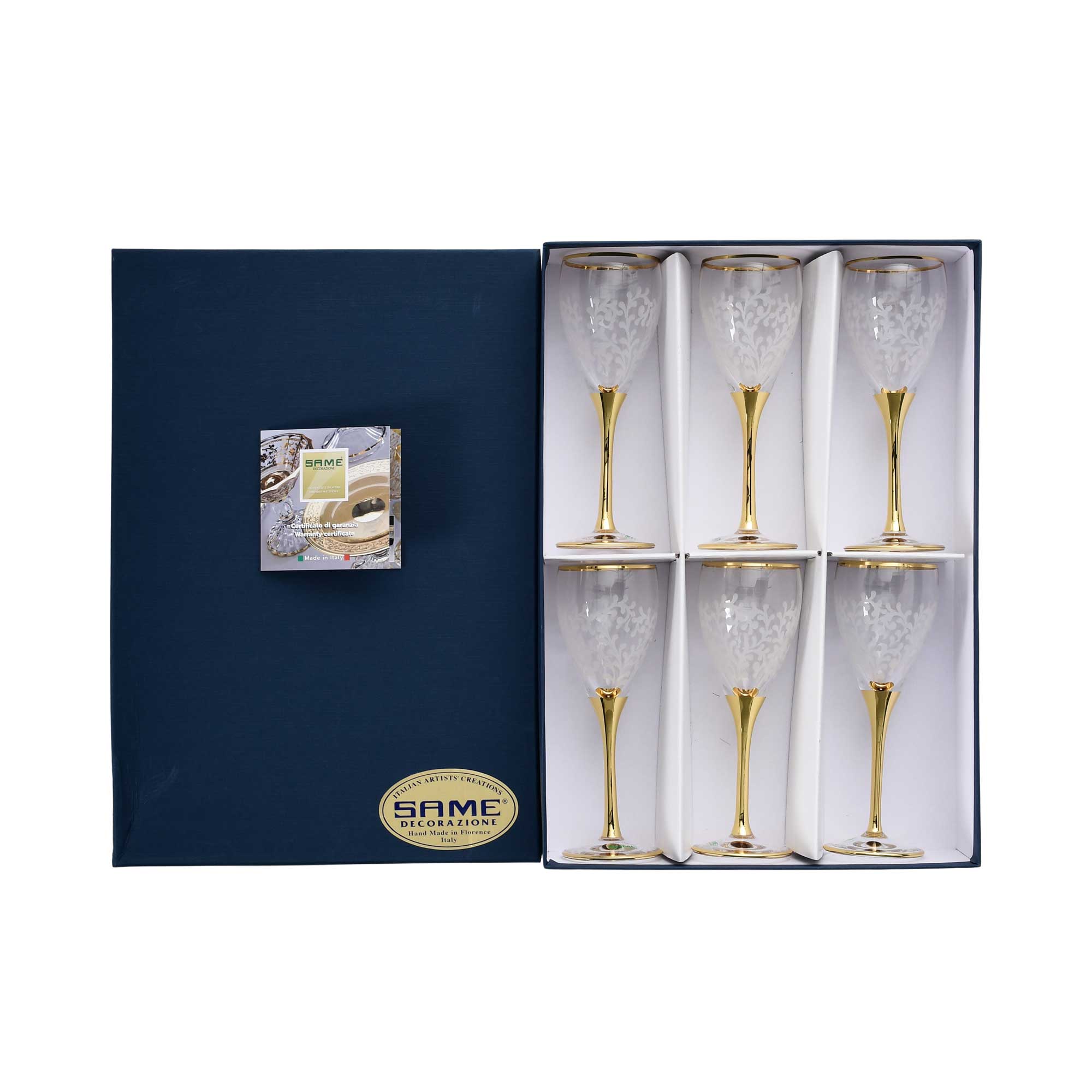 A set of six SAME Decorazione wine glasses displayed in a premium navy blue gift box with an authenticity card.
