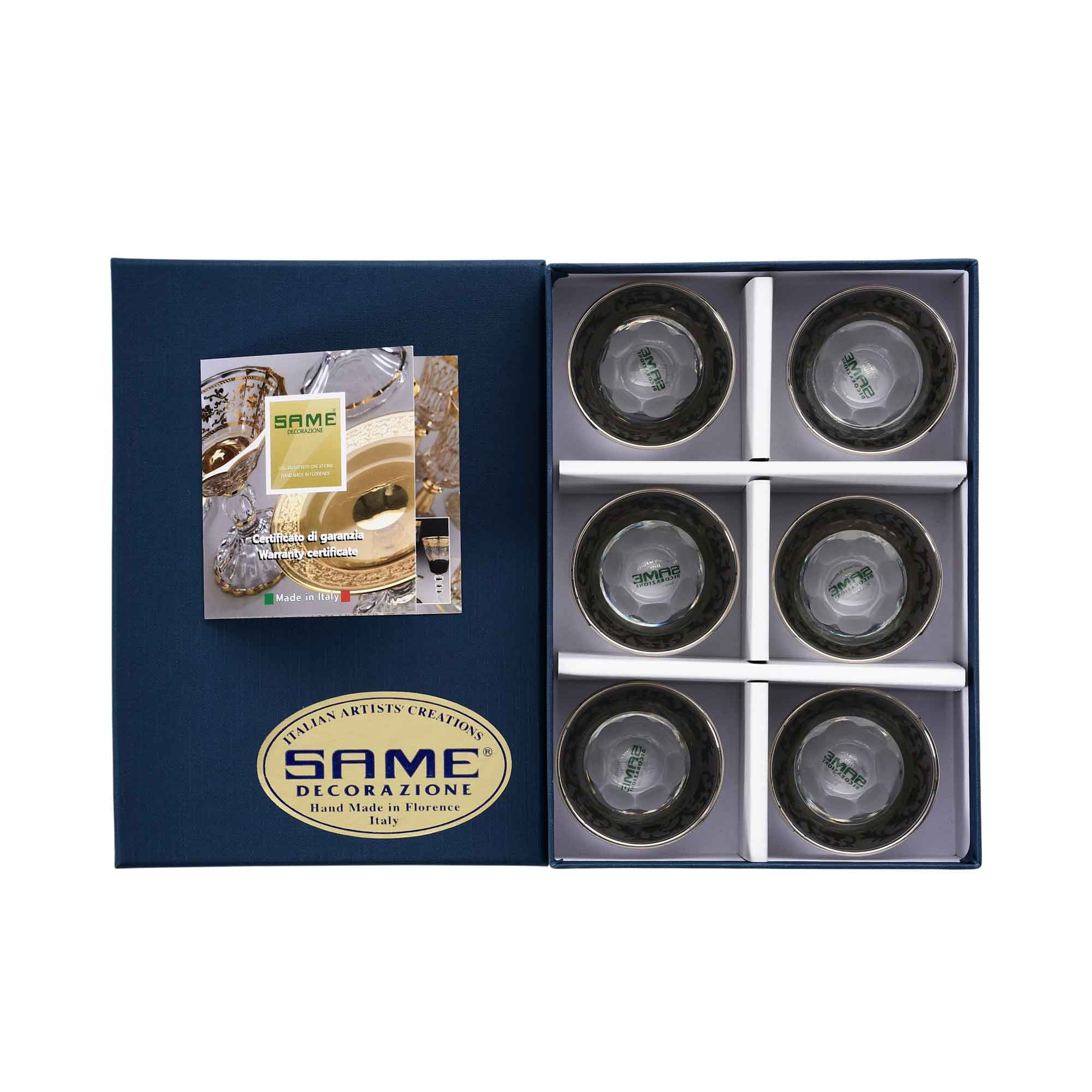 Six SAME Decorazione silver-toned Baroque crystal cups in a luxury navy blue gift box with an authenticity card.
