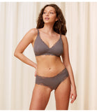 Second model full front view of the Triumph Natural Spotlight grey maternity bra, showing the nursing clips and soft, eco-friendly fabric. Available Online Now