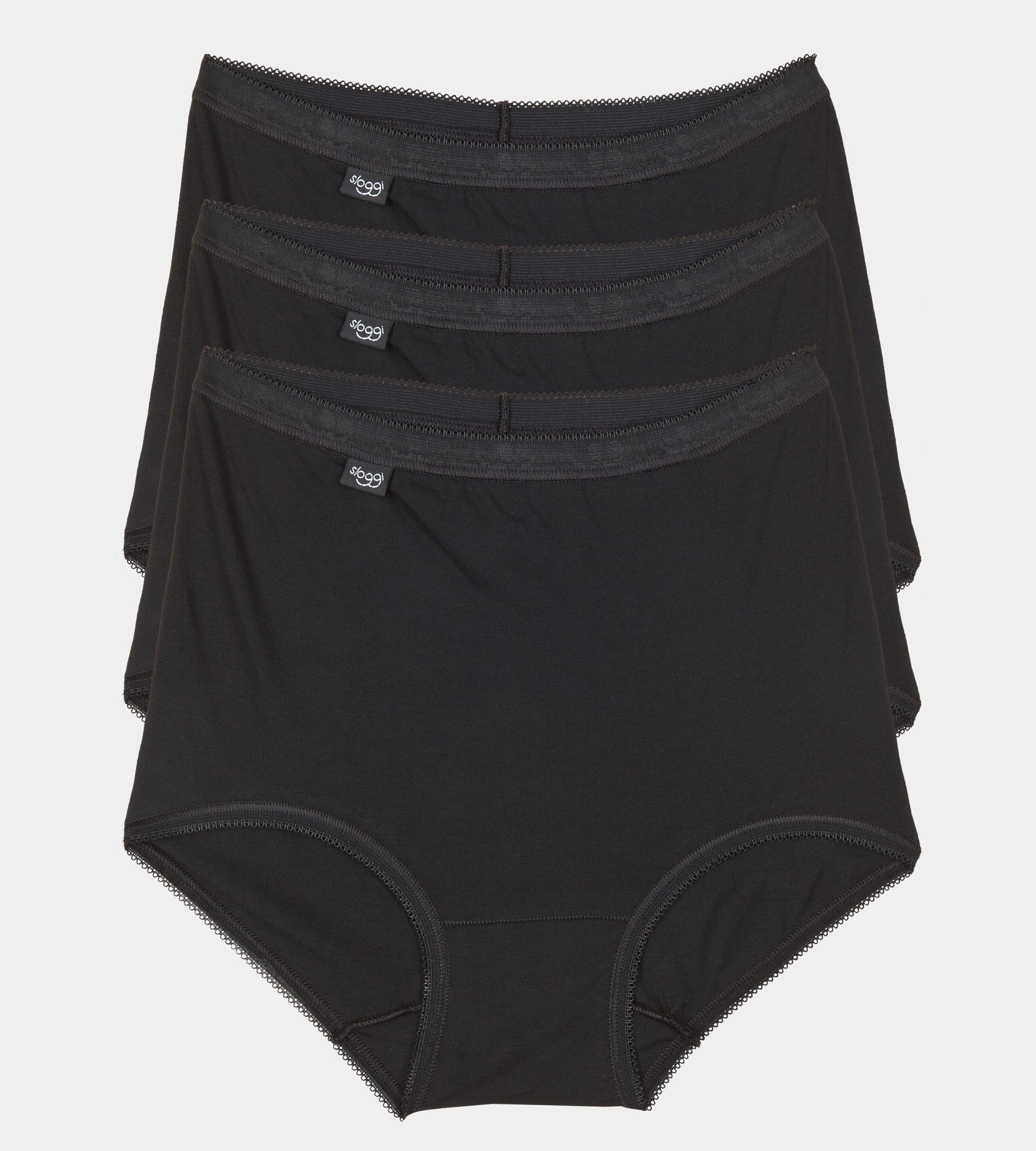 Second picture of Three pairs of Sloggi Basic+ black maxi panties stacked to show the full-coverage cut and soft cotton texture. Available Online Today
