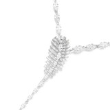 A detailed close-up shot of the Swarovski Vienna feather centerpiece, showcasing the intricate combination of baguettes and marquise-cut white crystals in open-back prong settings.