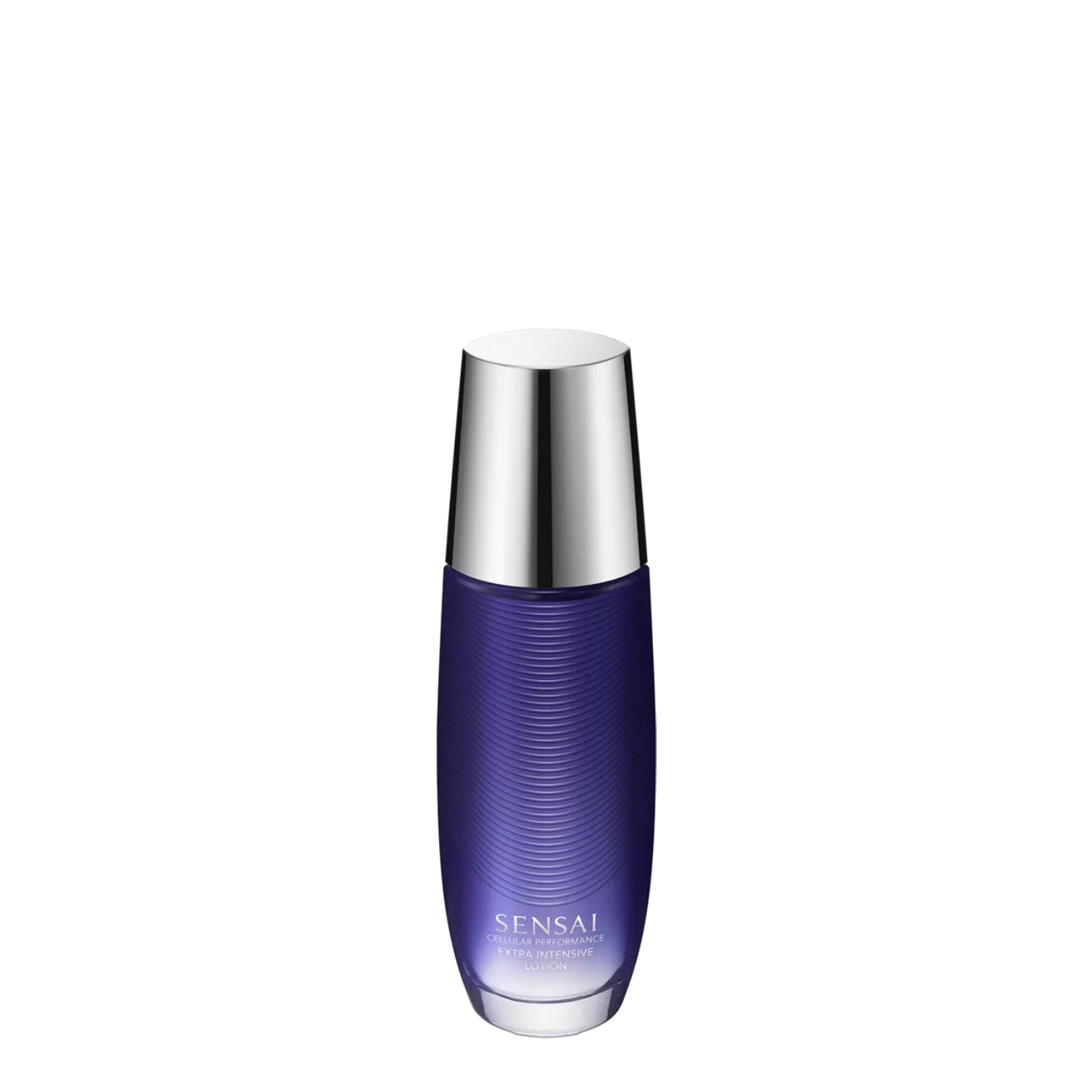 A premium bottle of SENSAI Cellular Performance Extra Intensive Lotion. The bottle features a translucent deep purple to clear gradient glass with a subtle horizontal wave texture. It is topped with a reflective silver metallic cap. The brand name "SENSAI" and product title are printed in clean silver typography at the base against a white background.