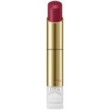 Lipstick with gold casing and purple shade on a white background.
