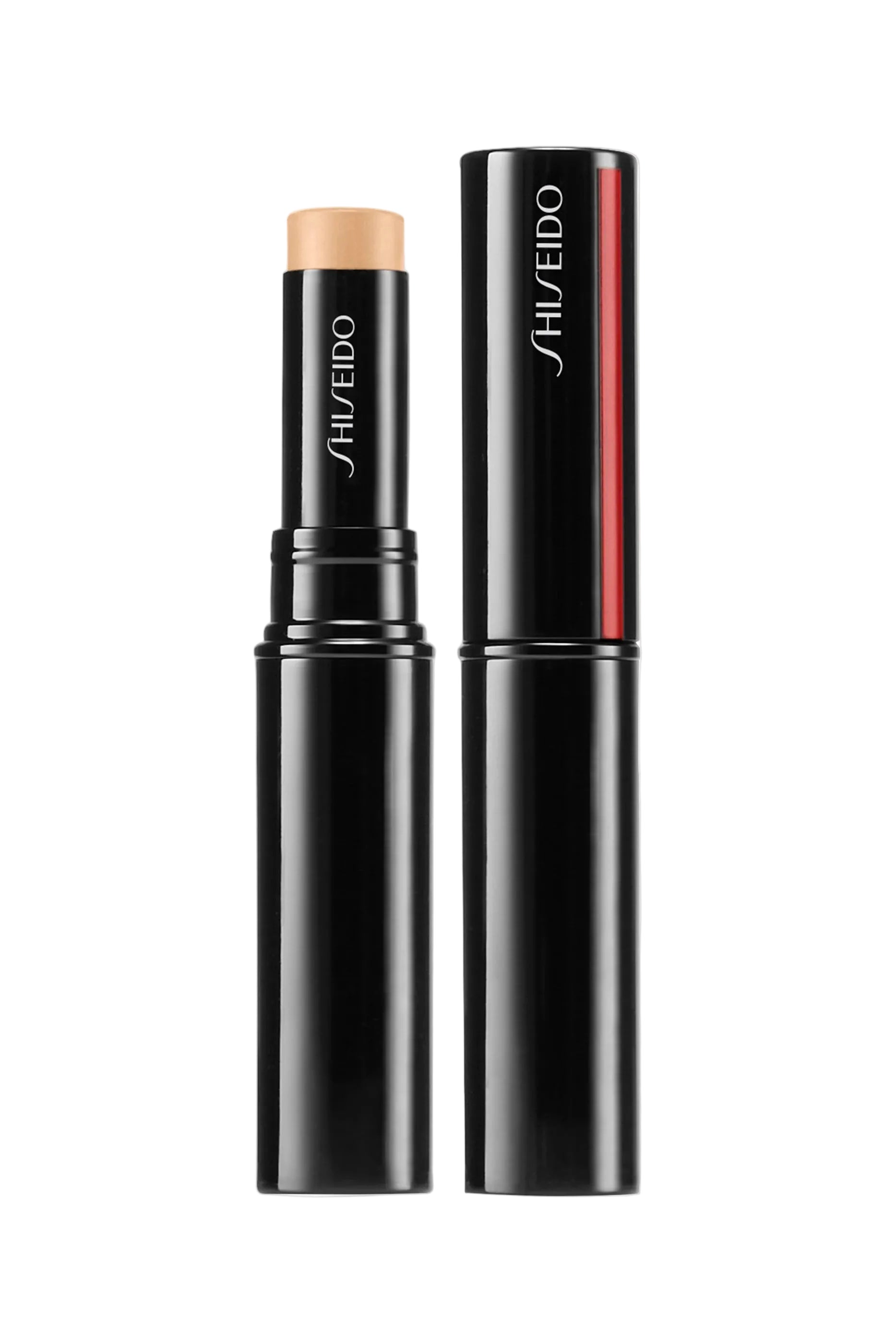 Shiseido Synchro Skin Correcting GelStick Concealer shown both open and closed, featuring a sleek black cylindrical casing with the Shiseido logo.