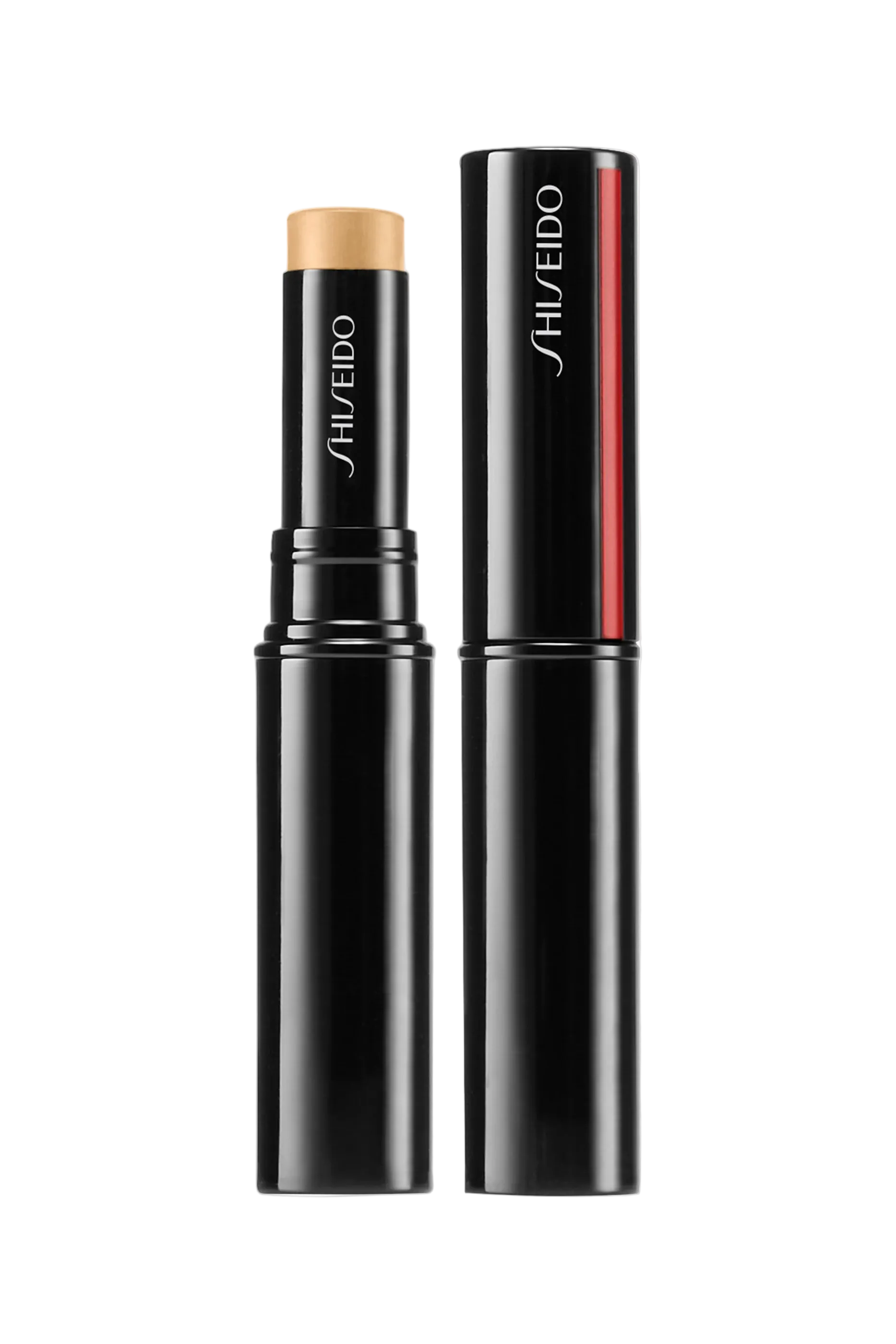 Shiseido Synchro Skin Correcting GelStick Concealer shown both open and closed, featuring a sleek black cylindrical casing with the Shiseido logo at BLUE SALON.