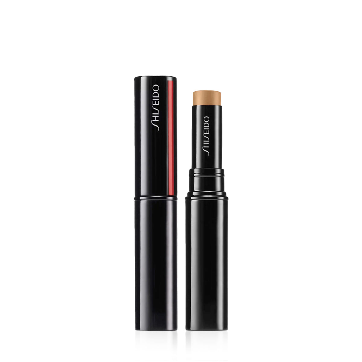 Shiseido Synchro Skin Correcting GelStick Concealer shown both open and closed, featuring a sleek black cylindrical casing with the Shiseido logo.
